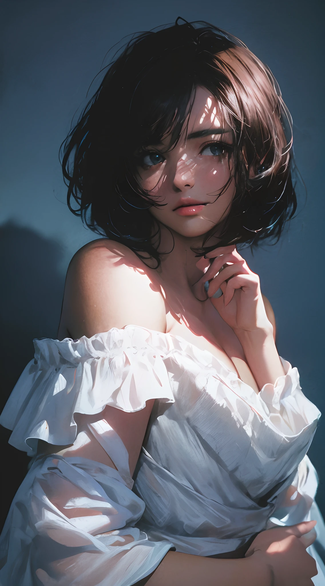 Best quality, masterpiece, ultra high res, (photorealistic:1.5), raw photo, 1girl, offshoulder, in the dark, deep shadow, low key, cold light, sexy look, short hair, off shoulder knit,