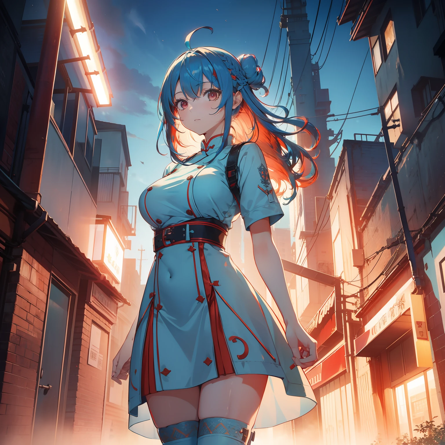 (masutepiece,Best Quality,8K),(extremely detailed CG1.1),1 girl,deadpan,large boob,factories,nighttime scene,(From below:1.2),Summer light,Intricate details , Hyper realistic, Perfect Anatomy,Red Eyes,Bun,((((((lightblue hair)))))),Bangs,hair slicked back,Full body,qipao dress,short-hair,Powerful Pose