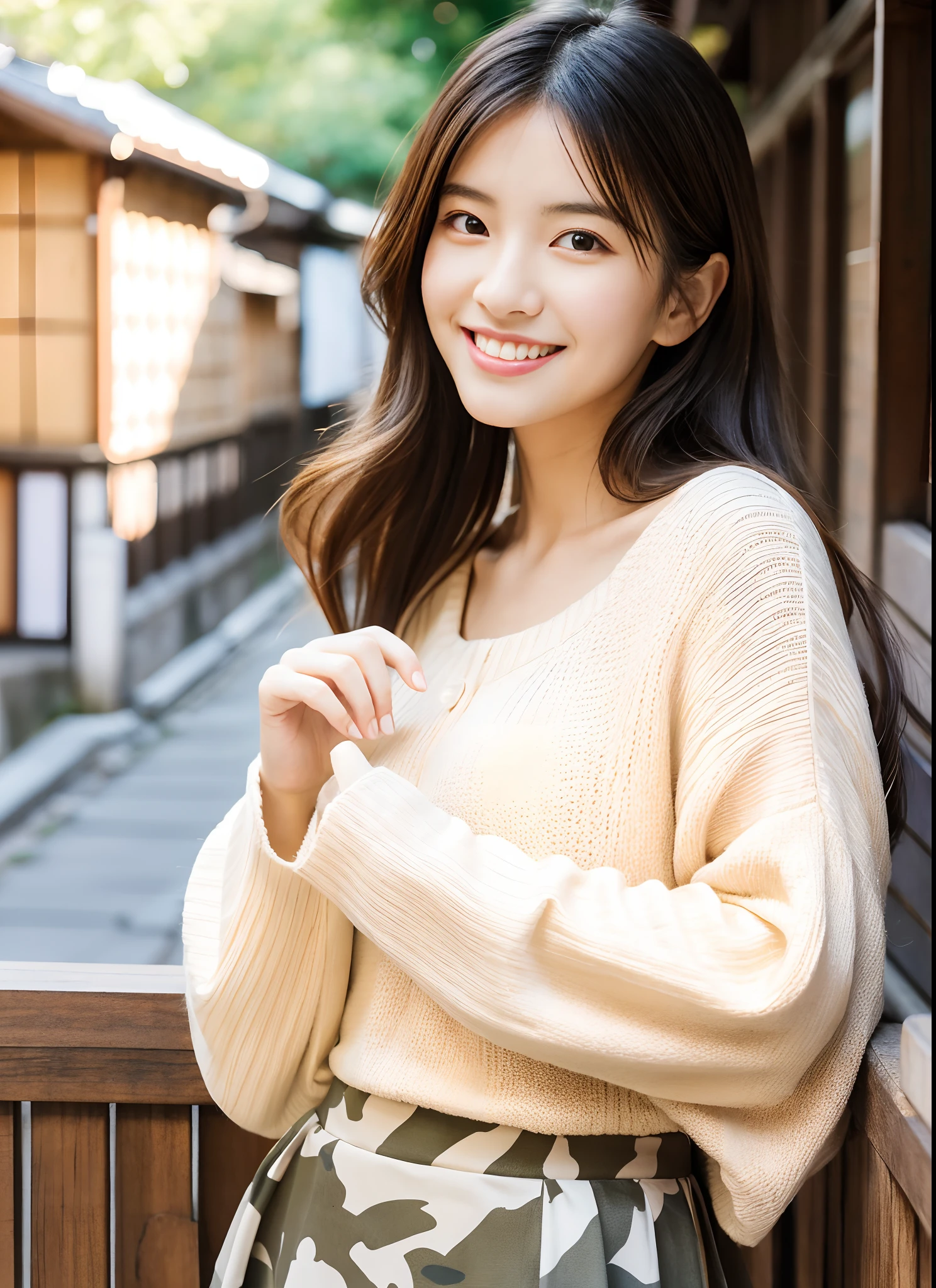 masutepiece, Best Quality, Illustration, Ultra-detailed, finely detail, hight resolution, 8K Wallpaper, Perfect dynamic composition, Beautiful detailed eyes, Medium Hair, Natural Color Lip, Random Poses,Smile, Kyoto Street Walk、20 years girl, Beautuful Women, Japanese pattern sweater and Japanese pattern skirt、Slimed、A slender、Model body type、small tits
