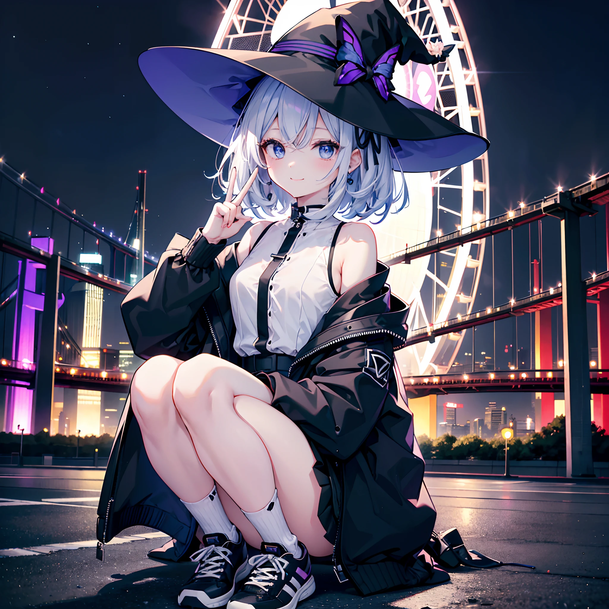 This is a park in Odaiba late at night、You can see the Rainbow Bridge, the Ferris wheel, and the Metropolitan Expressway behind you、One 27-year-old woman with small breasts、She wears a large black witch hat with sapphire accessories、White medium shorthair with blue-purple mesh、Looking at me with a smile、Blue eyes with highlights、Black long coat、White camisole、Black Midi Skirt、Black sneakers with white shoelaces、small tits、discreet breasts、He is happily making a peace sign、hiquality、High Details、high-level image quality、4K picture quality、beatiful backgrounds