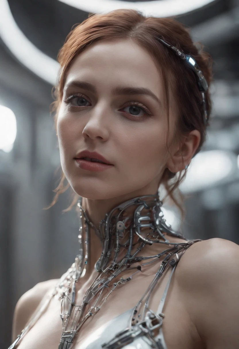complex 3d render ultra detailed beautiful death angel, biomechanical cyborg, analog 150 mm lens, beautiful natural soft rim light, neon vein, roots, fine foliage lace, colorful details, Boris Bidjan Saberi outfit, pearl earrings, piercing, art nouveau fashion embroidered, intricate details, mesh wire, mandelbrot fractal, facial muscles, cable wires, microchip, badass, hyper realistic, ultra detailed, octane render, volumetric lighting, 8k post-production, red and white with a bit of black, detailled metalic bones, semi human, iridescent colors, Glenn Brown style, futuristic room, power of the god, high-angle shot, complex body poses
