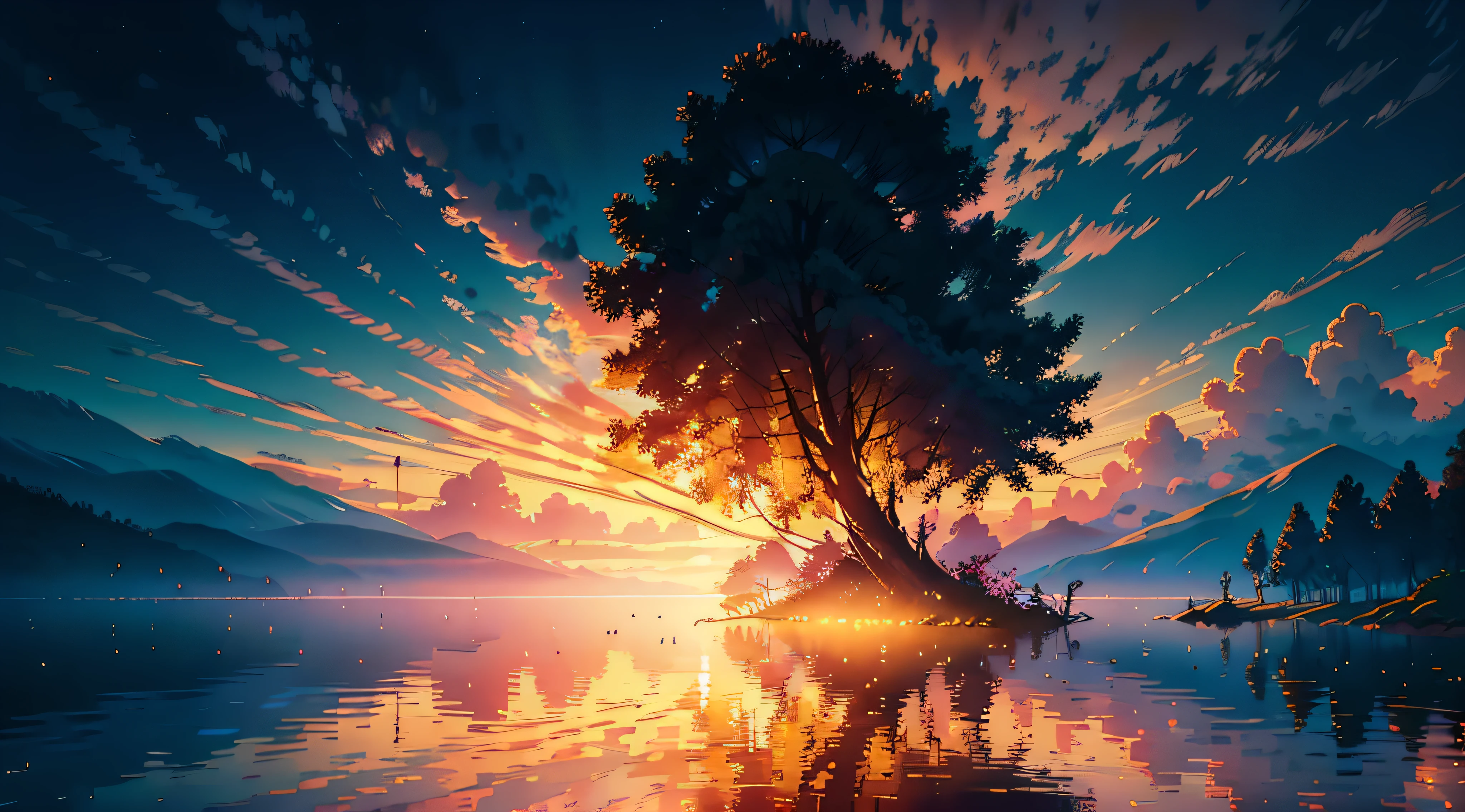 sunset overdrive,golden hues,picturesque scenery,glowing clouds,dreamy atmosphere,reflective waters,streaks of orange and pink,serene and tranquil,silhouette of trees,distant horizon,hazy and warm light,hint of romance,perfectly framed,surreal and magical,ethereal beauty,dusk settling in,majestic rays of sunlight,fading daylight,peaceful ambiance,calm and stillness,vibrant colors illuminating the sky,gentle breeze,nature's masterpiece,magical transition,serenity embraced,harmony in nature,a moment frozen in time,glowing warmth,whisper of the evening,serene reflection,tranquil escape. (best quality,4k,8k,highres,masterpiece:1.2),ultra-detailed,realistic:1.37,landscape,vivid colors,soft and warm lighting