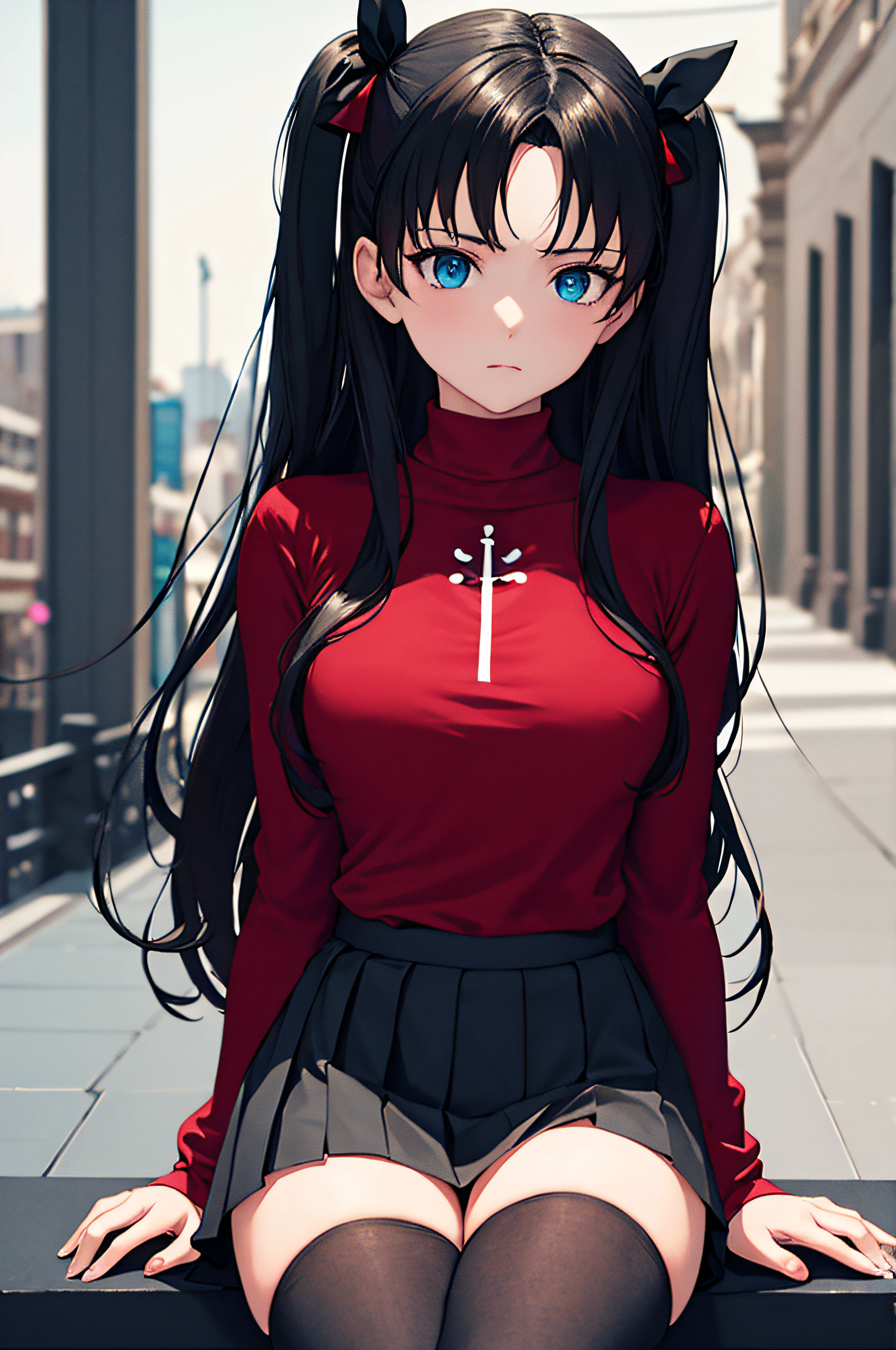 (masterpiece), best quality, expressive eyes, perfect face, 1girl, solo, rintohsaka, rin tohsaka, aqua eyes, black hair, hair ribbon, long hair, ribbon, sidelocks, two side up, black skirt, black thighhighs, long sleeves, miniskirt, pleated skirt, ((red sweater)), skirt, sweater, thighhighs, turtleneck, city background, sitting, character sheet, upper body, portrait, looking at viewer