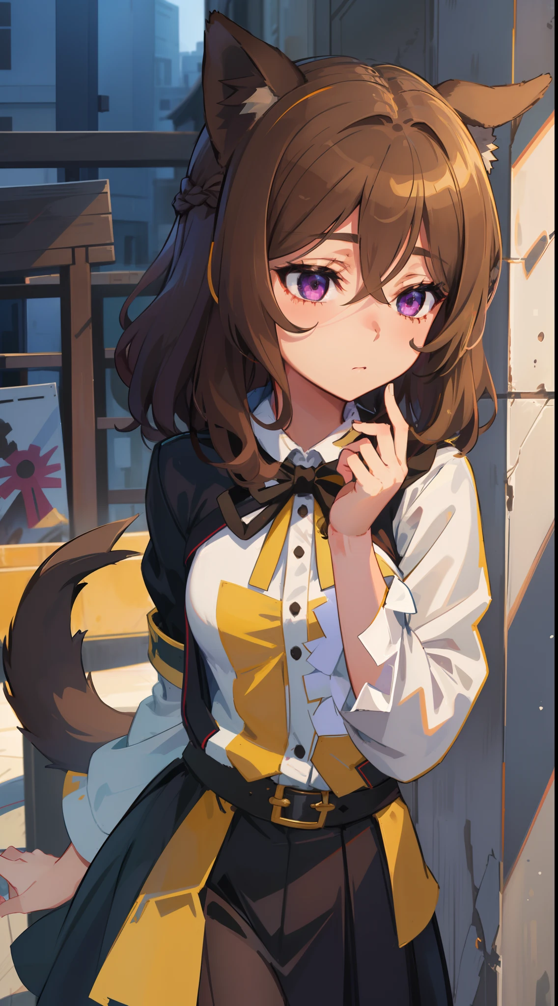 1girl, solo, (masterpiece, best quality:1.4), extremely detailed face, perfect lighting, nice hands, perfect hands, naaza erisuis, naazadef, hair between eyes, dog ears, dog tail, dog girl, brown hair, short hair, braid curly hair, purple eyes, in frame, centered, black skirt,