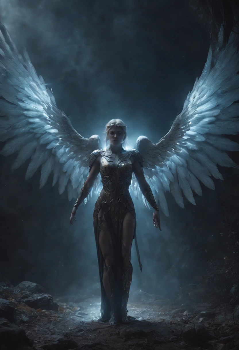 Cosmic Fallen Angel, glowing light eyes, Biomechanical, eerie, Creepy, nightmarish, Very bright colors, Light particles, with light glowing, Mshiff, wallpaper art, UHD wallpaper