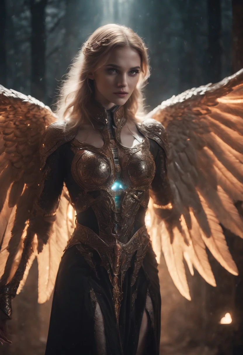 Cosmic Fallen Angel, glowing light eyes, Biomechanical, eerie, Creepy, nightmarish, Very bright colors, Light particles, with light glowing, Mshiff, wallpaper art, UHD wallpaper