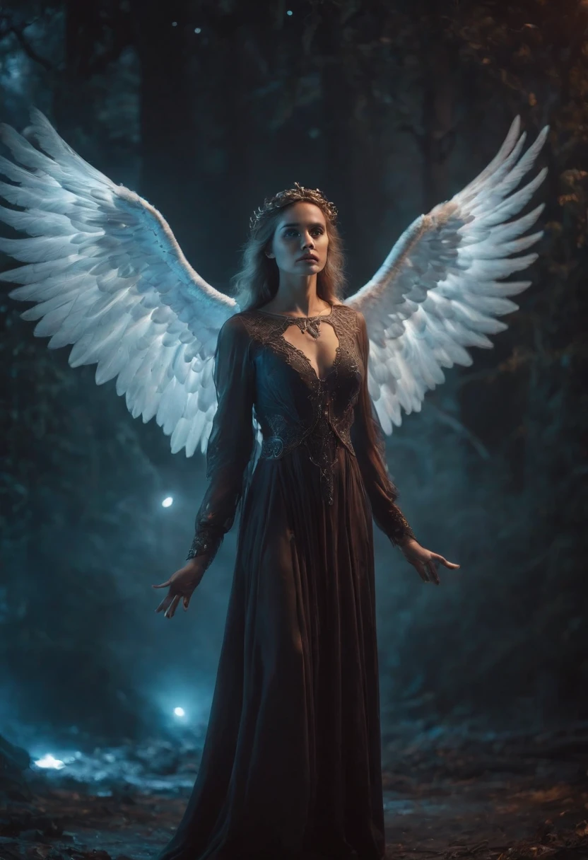 Cosmic Fallen Angel, glowing light eyes, Biomechanical, eerie, Creepy, nightmarish, Very bright colors, Light particles, with light glowing, Mshiff, wallpaper art, UHD wallpaper