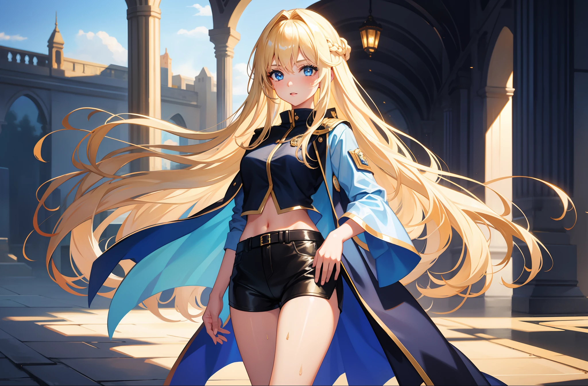 1 girl, mature girl, masterpiece, best quality, detailed eyes, sparkling eyes, beautiful hands, highly detailed hands, straight hands, shiny skin, shiny hair, blue eyes, light blonde hair, tall, long hair, straight hair, full body, best quality, shiny skin, shiny hair, sweaty, shorts, camo jacket, midriff, standing, blue sky,