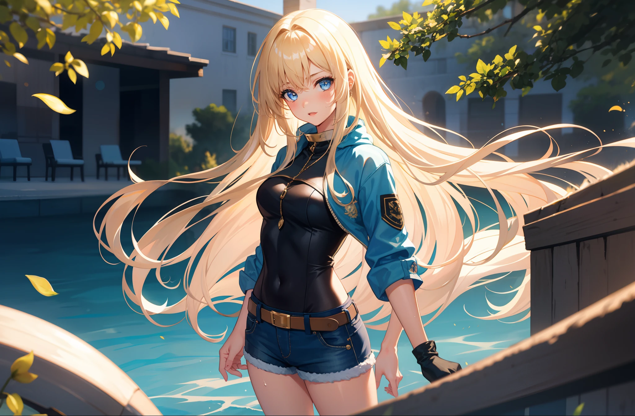 1 girl, mature girl, masterpiece, best quality, detailed eyes, sparkling eyes, beautiful hands, highly detailed hands, straight hands, shiny skin, shiny hair, blue eyes, light blonde hair, tall, long hair, straight hair, full body, best quality, shiny skin, shiny hair, sweaty, shorts, camo jacket, midriff, standing, blue sky,