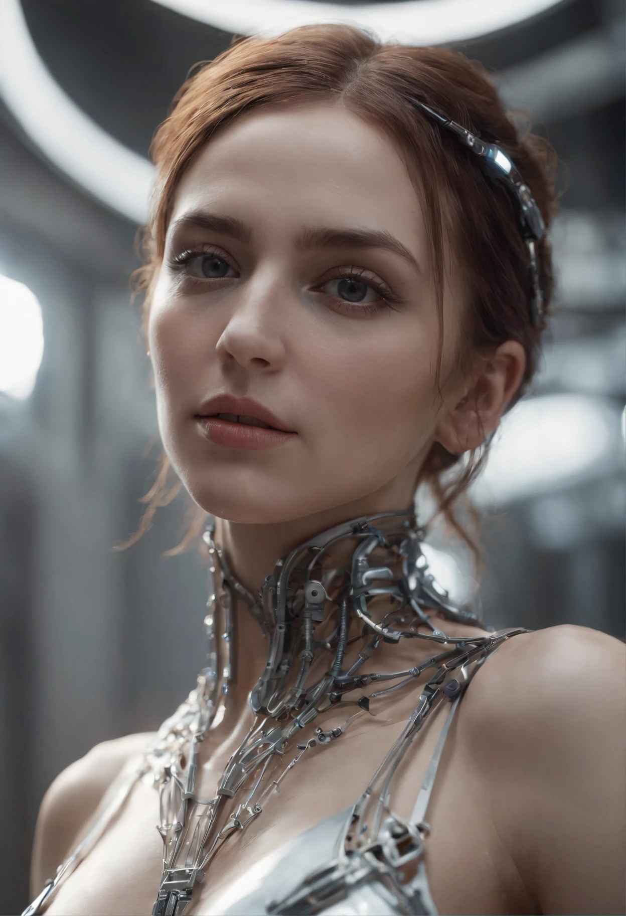 complex 3d render ultra detailed beautiful death angel, biomechanical cyborg, analog 150 mm lens, beautiful natural soft rim light, neon vein, roots, fine foliage lace, colorful details, Boris Bidjan Saberi outfit, pearl earrings, piercing, art nouveau fashion embroidered, intricate details, mesh wire, mandelbrot fractal, facial muscles, cable wires, microchip, badass, hyper realistic, ultra detailed, octane render, volumetric lighting, 8k post-production, red and white with a bit of black, detailled metalic bones, semi human, iridescent colors, Glenn Brown style, futuristic room, power of the god, high-angle shot, complex body poses