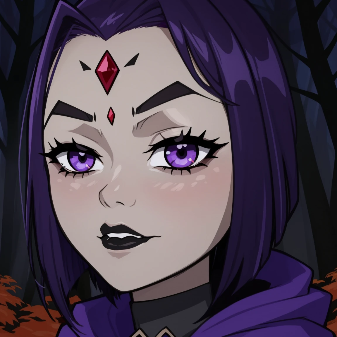 Raven, titans, hooded, goth girl, autumn forest background, detailed, detailed, detailed, beautiful, detail, goth girl, masterpiece, purple clothes, red jewel centre head, dark night background, gothic, goth, goth, detailed, goth girl, piercings, detailed face, looking viewer, raven, (Dark eye shadow) dark eye shadow, black eye shadow,