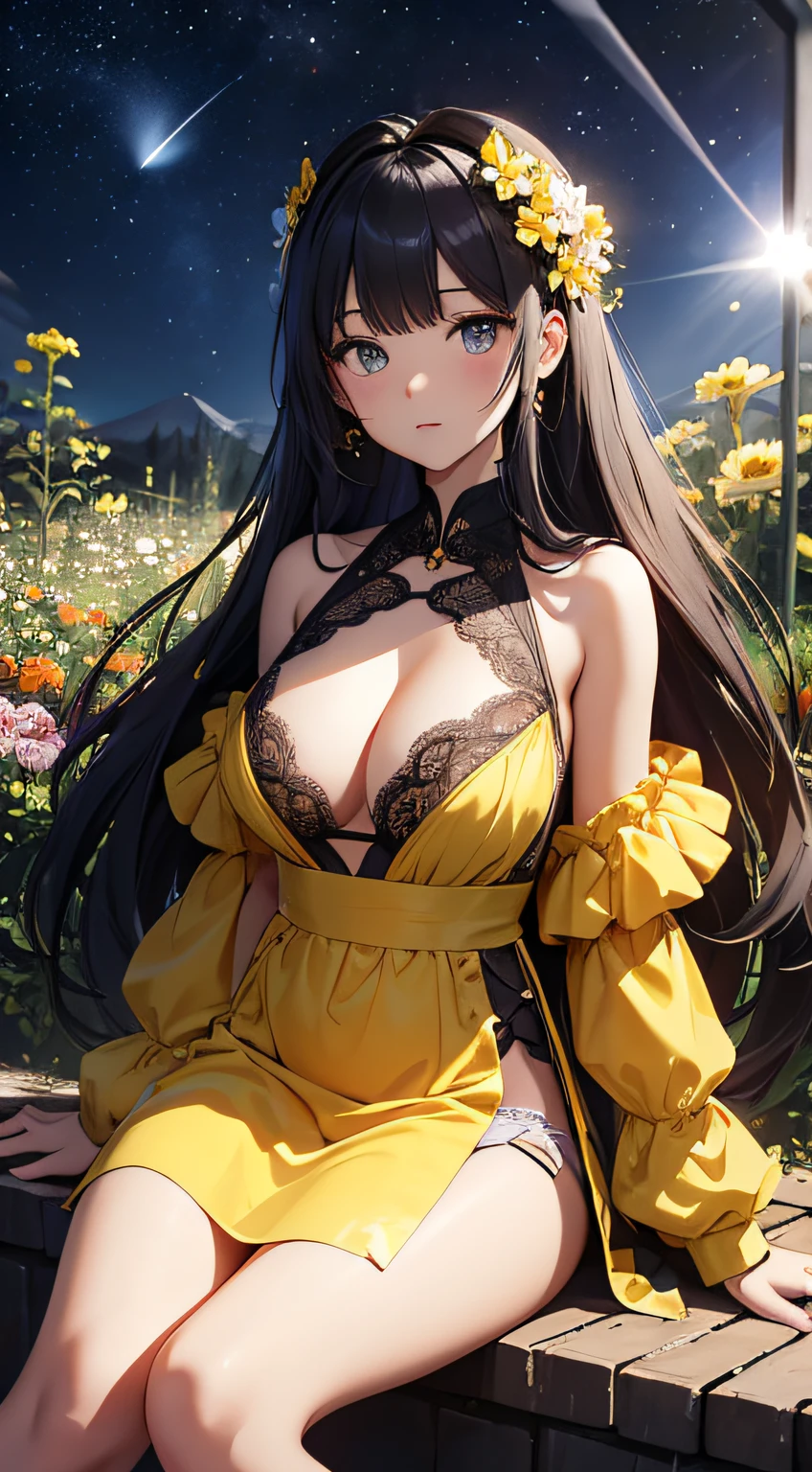 masterpiece、Background with((kosmos、meteors、black hole、Fantastic flower garden emitting light))、About 20 years old、a beauty girl、huge tit、Great embroidery on a yellow mini dress with slits、No Shoulder、Exposing the chest、knee high、hair adornments、heavy wind、white panty、lying back、Looking from below