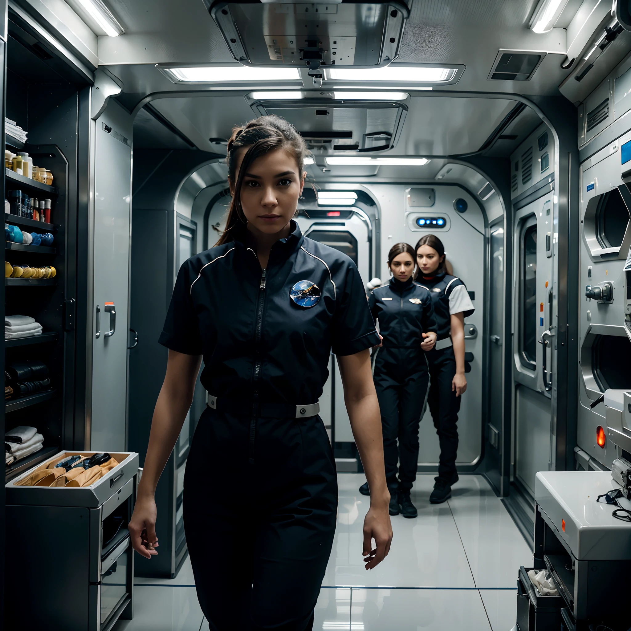 Space station crew members futuristic scifi interior clean sterile interior, crew members in foreground: 1.4, scene apparel:1.6, crew uniform: 0.7, scene style crew uniform: 0.8, scene hairstyle: 1.2, scene makeup: 1.4