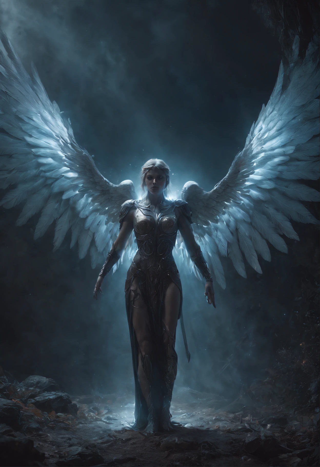 Cosmic Fallen Angel, glowing light eyes, Biomechanical, eerie, Creepy, nightmarish, Very bright colors, Light particles, with light glowing, Mshiff, wallpaper art, UHD wallpaper