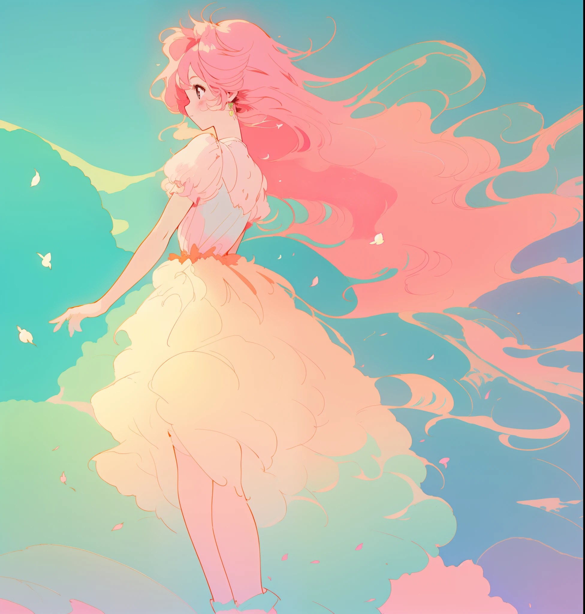 beautiful girl in white puffy tutu dress, long flowing pink peach hair, colorful fantasia background, watercolor illustration, disney art style, beautiful digital illustration, fantasia otherworldly landscape plants flowers, beautiful, masterpiece, best quality, anime disney style
