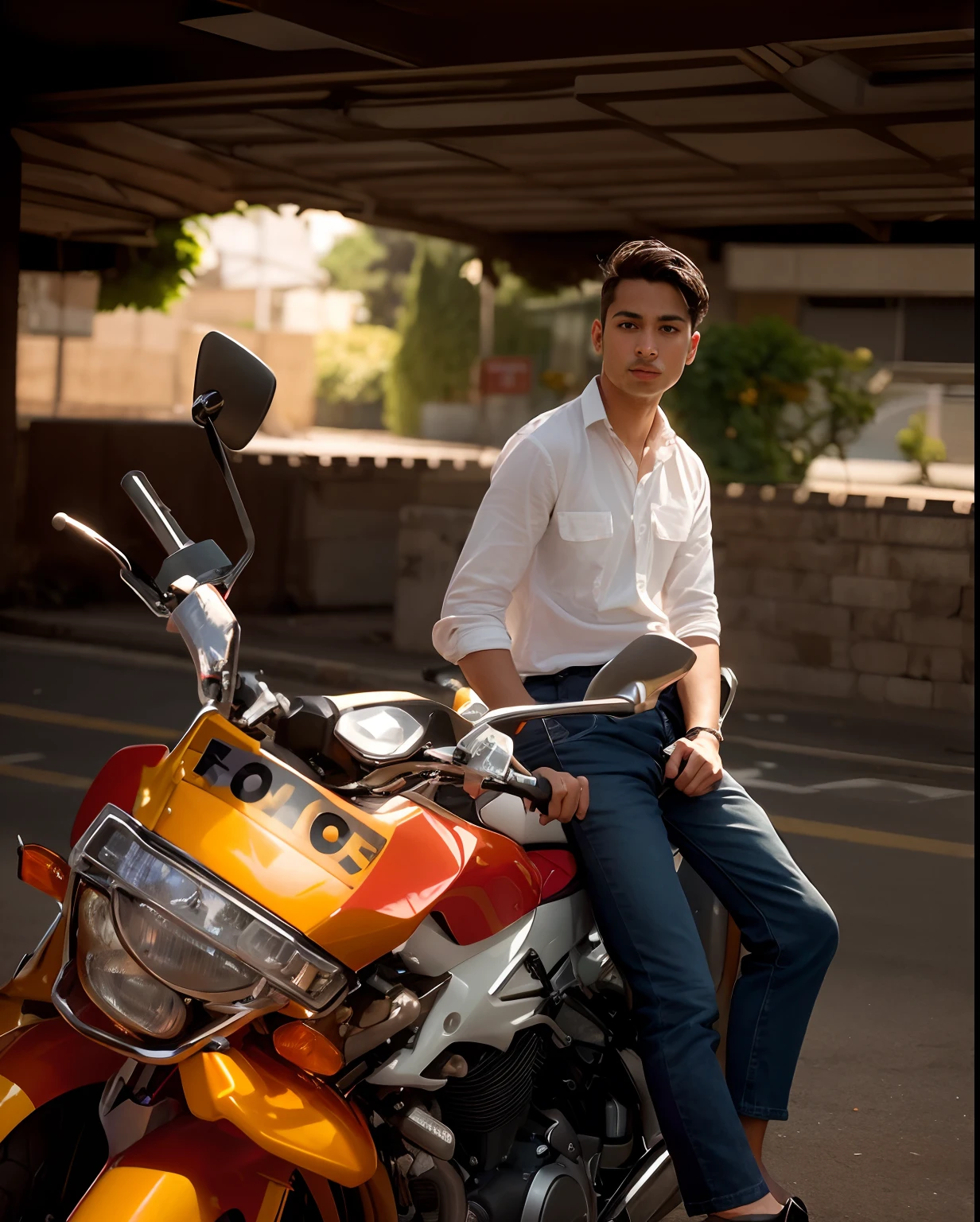 arafed man sitting on a motorcycle in a parking lot, without helmet, very very low quality picture, thought provoking, picture, very clear picture, full body photogenic shot, edited in photoshop, candid picture, ash thorp khyzyl saleem, inspired by Saurabh Jethani, taken with the best dlsr camera, very artistic pose