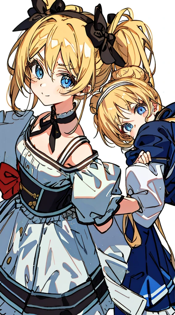 2girls, =3, black hairband, blonde hair, blue eyes, blush stickers, closed mouth, collarbone, color connection, company connection, crossover, double-parted bangs, double bun, emphasis lines, eyelashes, eyes visible through hair, hair between eyes, hair bun, hair color connection, hair intakes, hairband, half updo, head only, imouto connection, imouto day, long hair, look-alike, looking at viewer, multiple girls, ponytail, simple background, smile, smug, trait connection, two side up, v-shaped eyebrows, white background