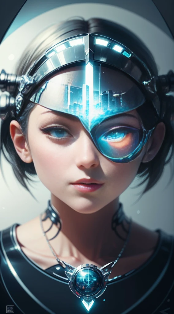 Translucent ethereal mechanical movie poster，Futuristic poster，Mechanical text，Metal text，Glow text，Close-up of a digital mechanical girl，futuristic urban background,(Doubleexposure:1.6)，filmposter，poster for，charact，Huge eye-catching English text，English text，Close-up of English picture, A badge with white English letters, English title, English text Chinese characters, English word tattoos and decals, English text, English kanji
