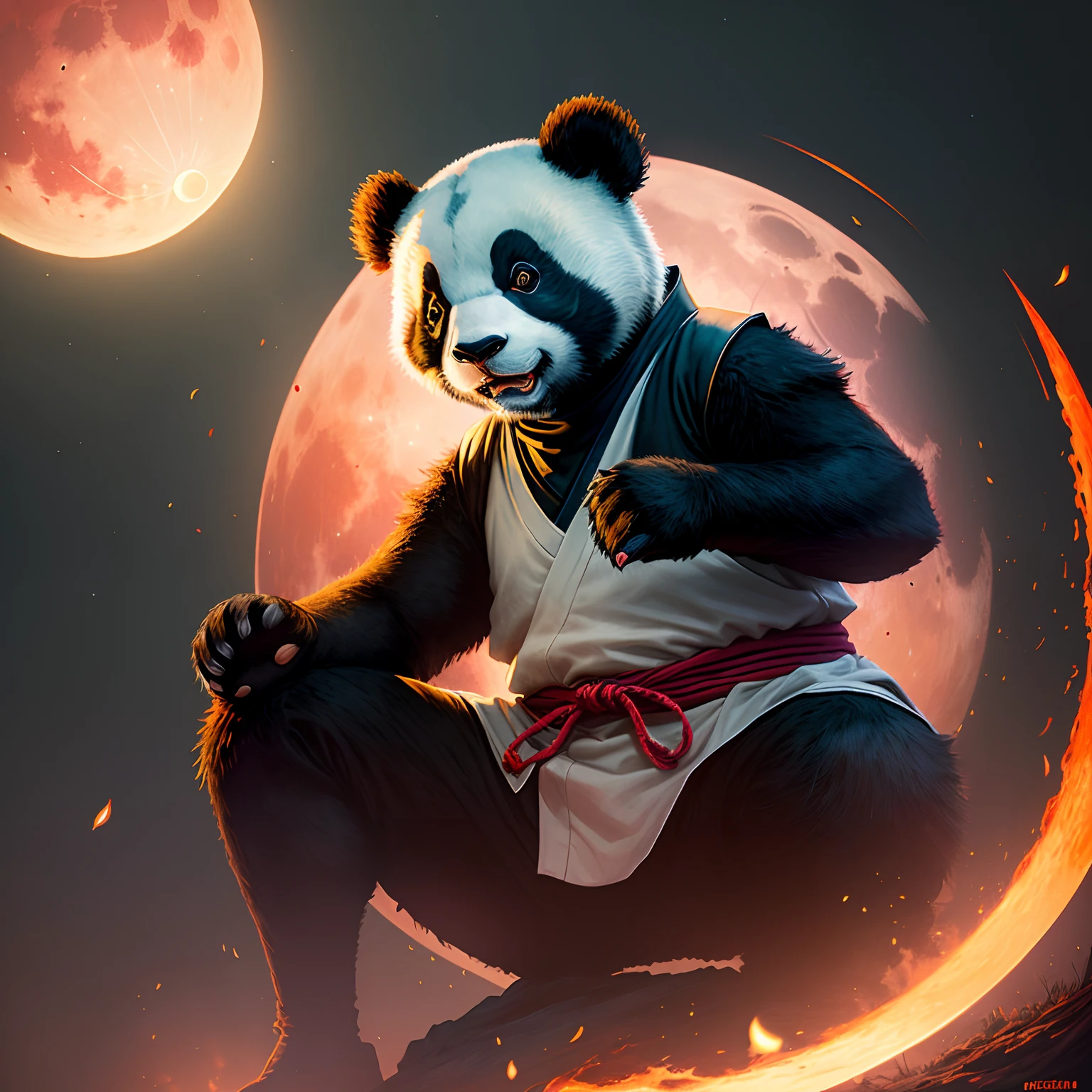 A ninja panda under a red moon