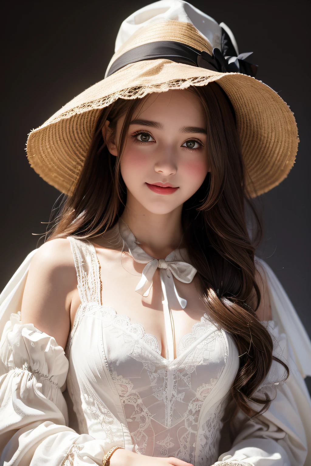 absurdres, RAW photo, extremely delicate and beautiful, masterpiece, Best Quality, ultra high resolution, 32k, hyperrealistic, ultra-detailed, perfect anatomy, super Detailed skin, perfect figure, Super Beauty, Perfect Style, Perfect balance, Beautiful Lighting, Perfect Lightning, Realistic Shadows, 20 years old, very Slim body, narrow waist, very small head, very small face, delicate facial features, handsome detailed woman, very detailed eyes and face, realistic face proportions, Realistic beautiful face, Realistic beautiful eyes, tearful mole, earring, very huge round breasts, legs, medium hair, ((full body shot)), indoor, (Practical pirate clothing), Long-sleeved pirate top, Skirt,Torn pirate hat,