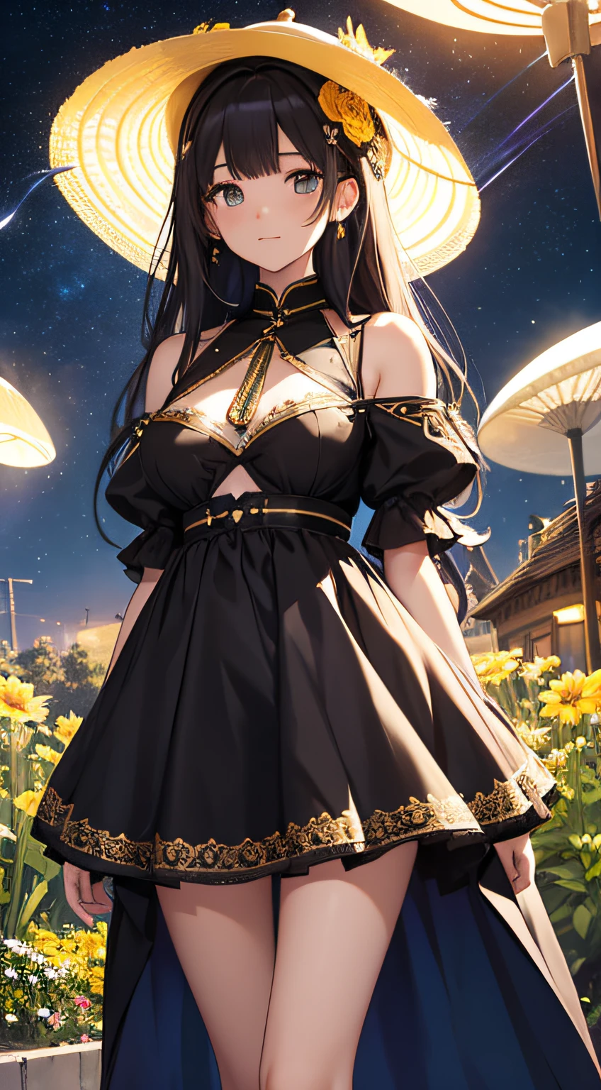​masterpiece、Background with（（kosmos、meteors、black hole、Fantastic flower garden emitting light））、About 20 years old、a beauty girl、huge tit、Great embroidery on a yellow mini dress with slits、No Shoulder、Exposing the chest、hair adornments、heavy wind、white panty、Looking from below