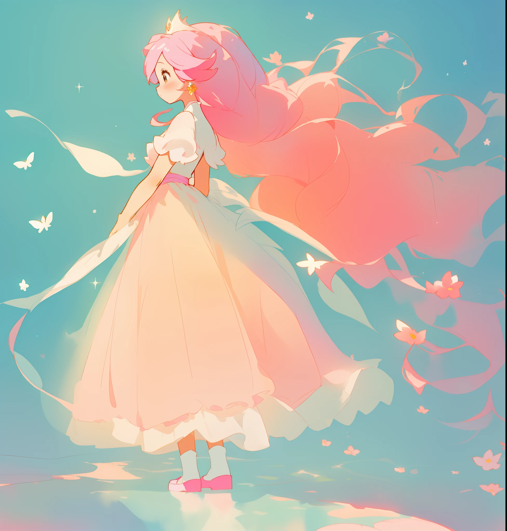beautiful girl in white puffy tutu dress, long flowing pink peach hair, colorful fantasia background, watercolor illustration, disney art style, beautiful digital illustration, fantasia otherworldly landscape plants flowers, beautiful, masterpiece, best quality, anime disney style