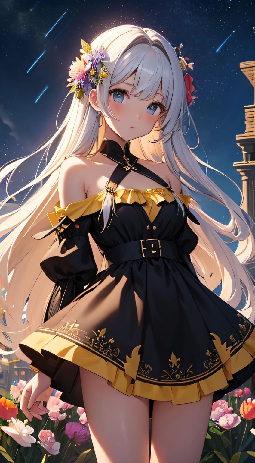 ​masterpiece、Background with（（kosmos、meteors、black hole、Fantastic flower garden emitting light））、About 20 years old、a beauty girl、huge tit、Great embroidery on a yellow mini dress with slits、No Shoulder、Exposing the chest、knee high、hair adornments、heavy wind、white panty、