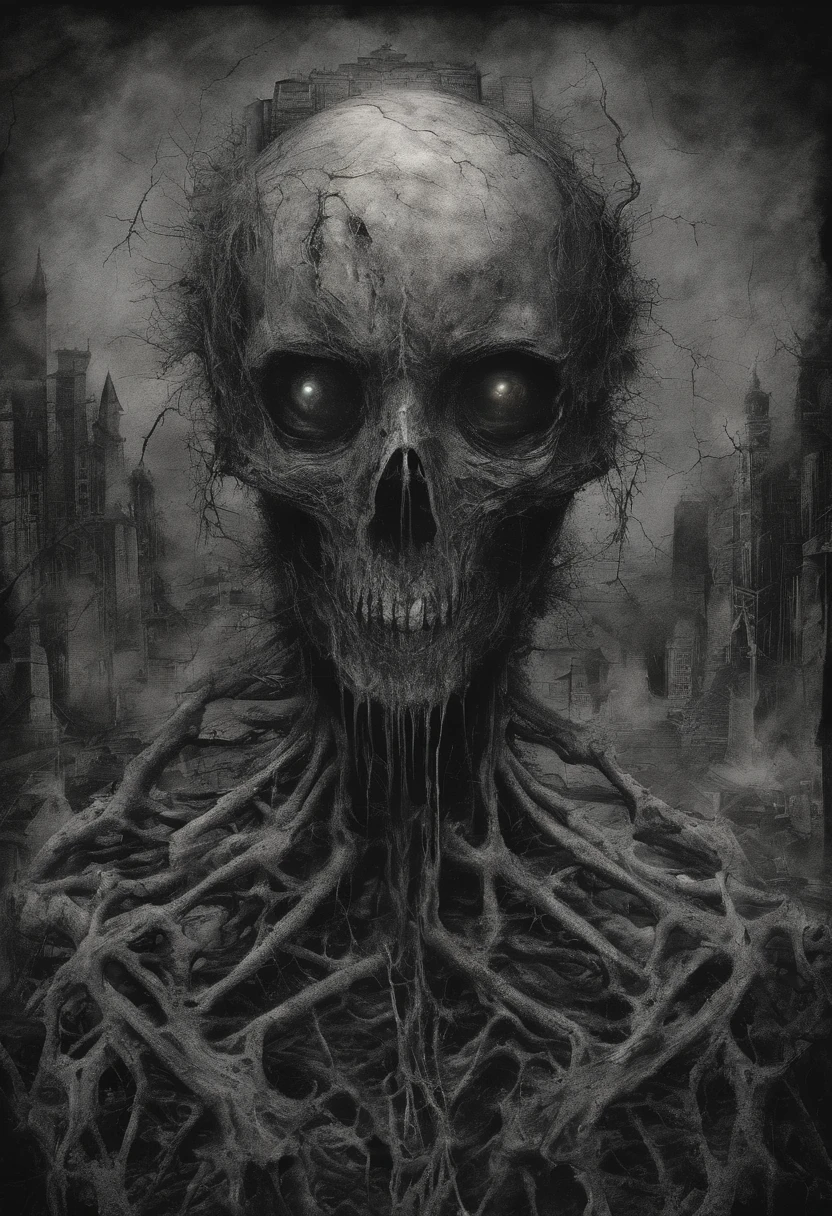 Decaying human body,The whole body is covered with sarcoma,A large eyeball grows on the chest,There are six angel wings on the back,Standing in ruins,above,frotting,sarcoma,Densely packed eyeballs organic