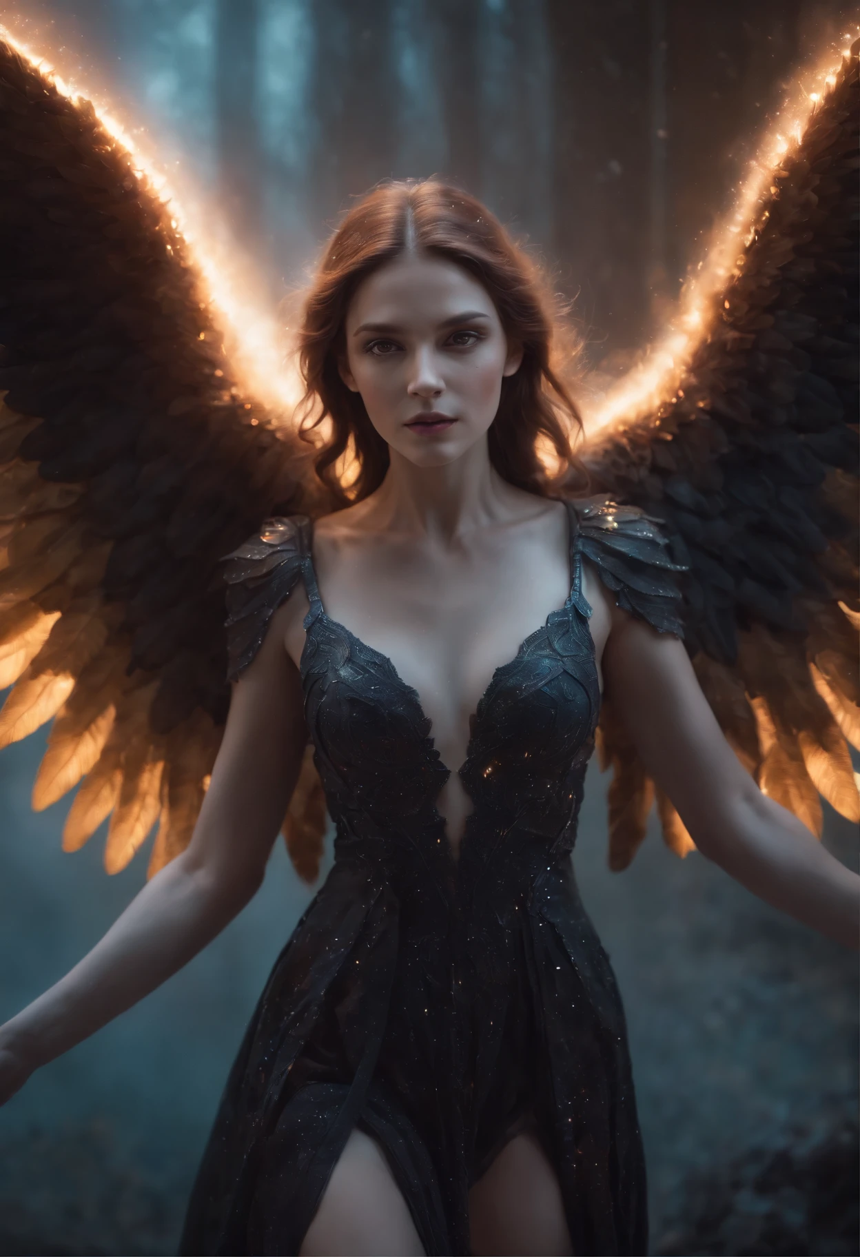 melhor qualidade, obra prima, ultra-high-resolution, (fotografia realista:1.4), surrealismo, Semelhante a um sonho,FusionArt, Female Evil Fallen Angel with Huge Wings of Fire Lying on the Ground, In an apocalyptic city on fire, looking-into-camera, magia das sombras, Darkness Control, Sigilo, passo da sombra, Border spells, hidden blade,
