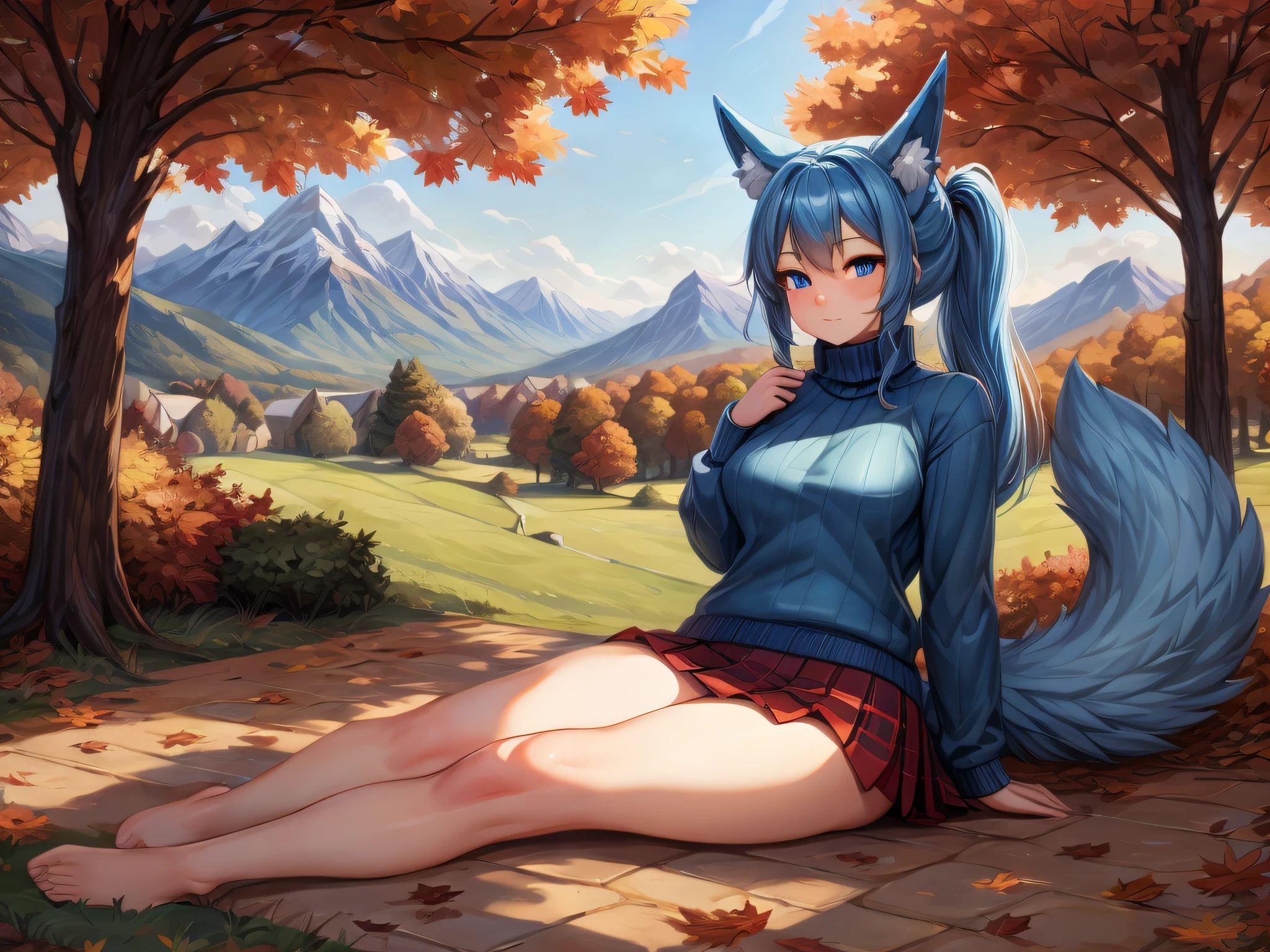 (Masterpiece) (High Detail) (High Res) A short humanoid girl with pale human skin and blue eyes and long blue hair in a ponytail and blue dog ears and a big fluffy dog tail is wearing a black turtleneck sweater and skirt and is sat alone outside a country cottage surrounded by fields and farmland that is covered in autumn leaves. Autumn landscape, Bushes covered in red and orange leaves, Hedges, Trees, Distant mountains. Leaves all over the floor.