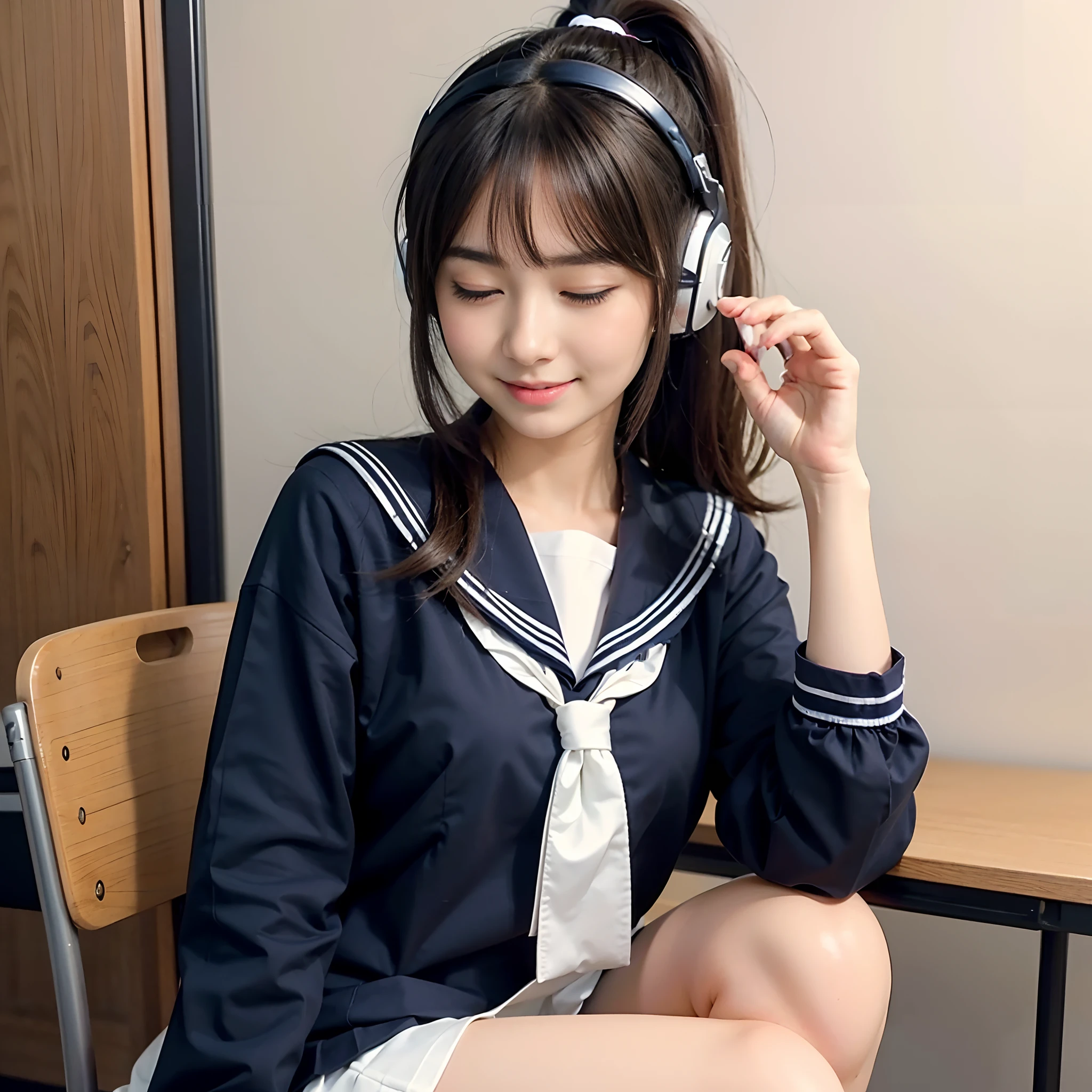 1girl in,Girl with closed eyes and happy expression,Lowered ponytail,A dark-haired,Beautiful girl as cute as an angel,headphones,tre anatomically correct,Accurate depiction finger,Sitting on your knees in a school chair,A slender,beauty legs,Sailor School Uniform,​masterpiece,high-level image quality,Bokeh background,