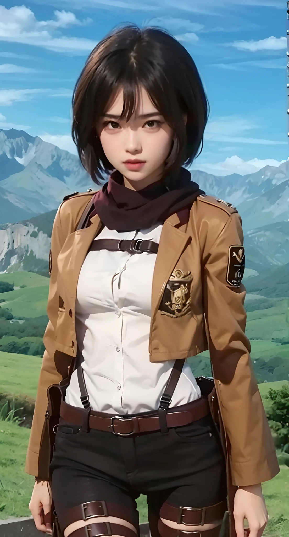 Real life adaption of this character ,  beauty face, realistic same hair, realistic same outfit, hyper realistic, realistic same background, realistic light, realistic shadow, realism, (photorealistic:1.2)