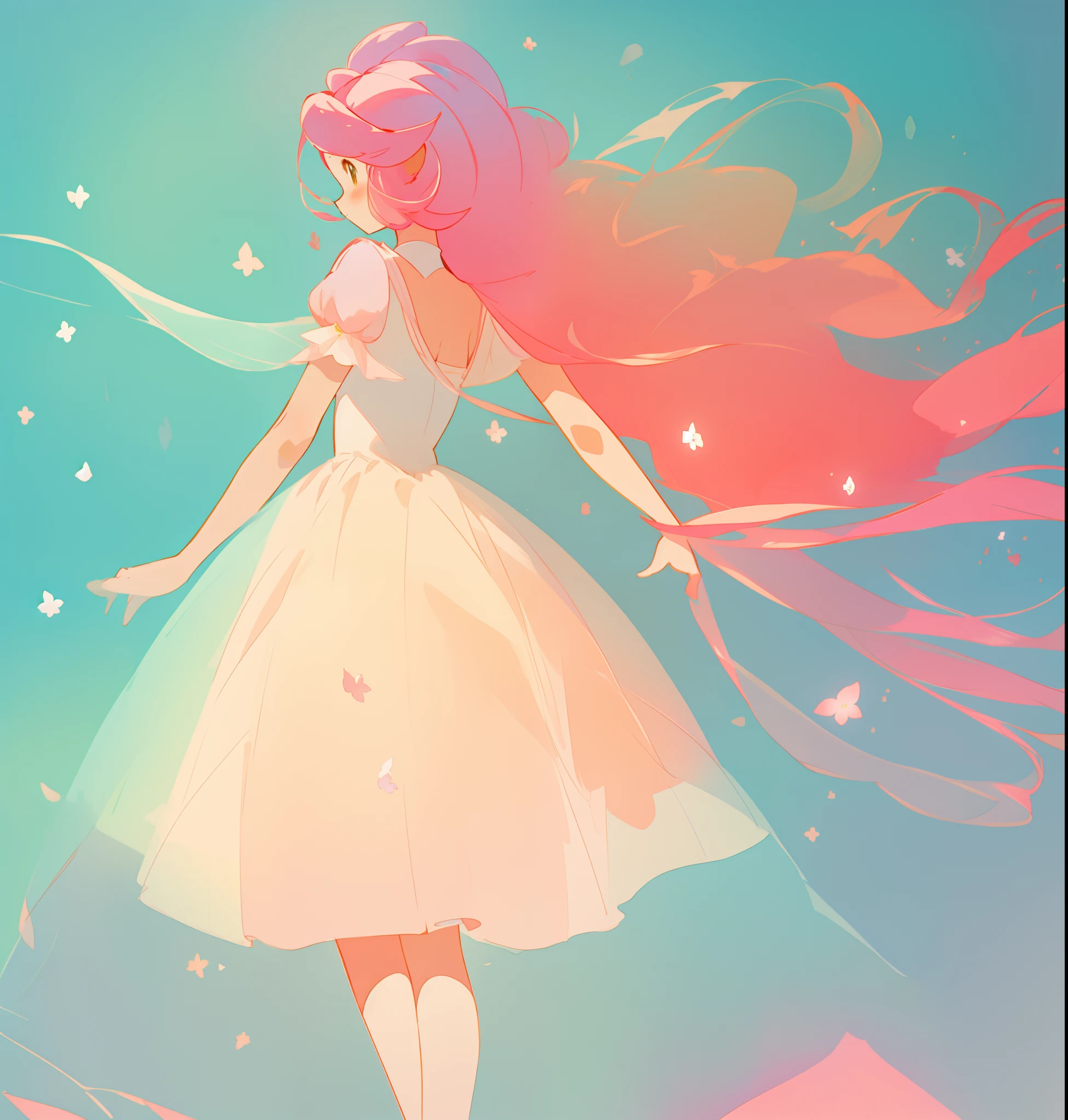 beautiful girl in white puffy tutu dress, long flowing pink peach hair, colorful fantasia background, watercolor illustration, disney art style, beautiful digital illustration, fantasia otherworldly landscape plants flowers, beautiful, masterpiece, best quality, anime disney style