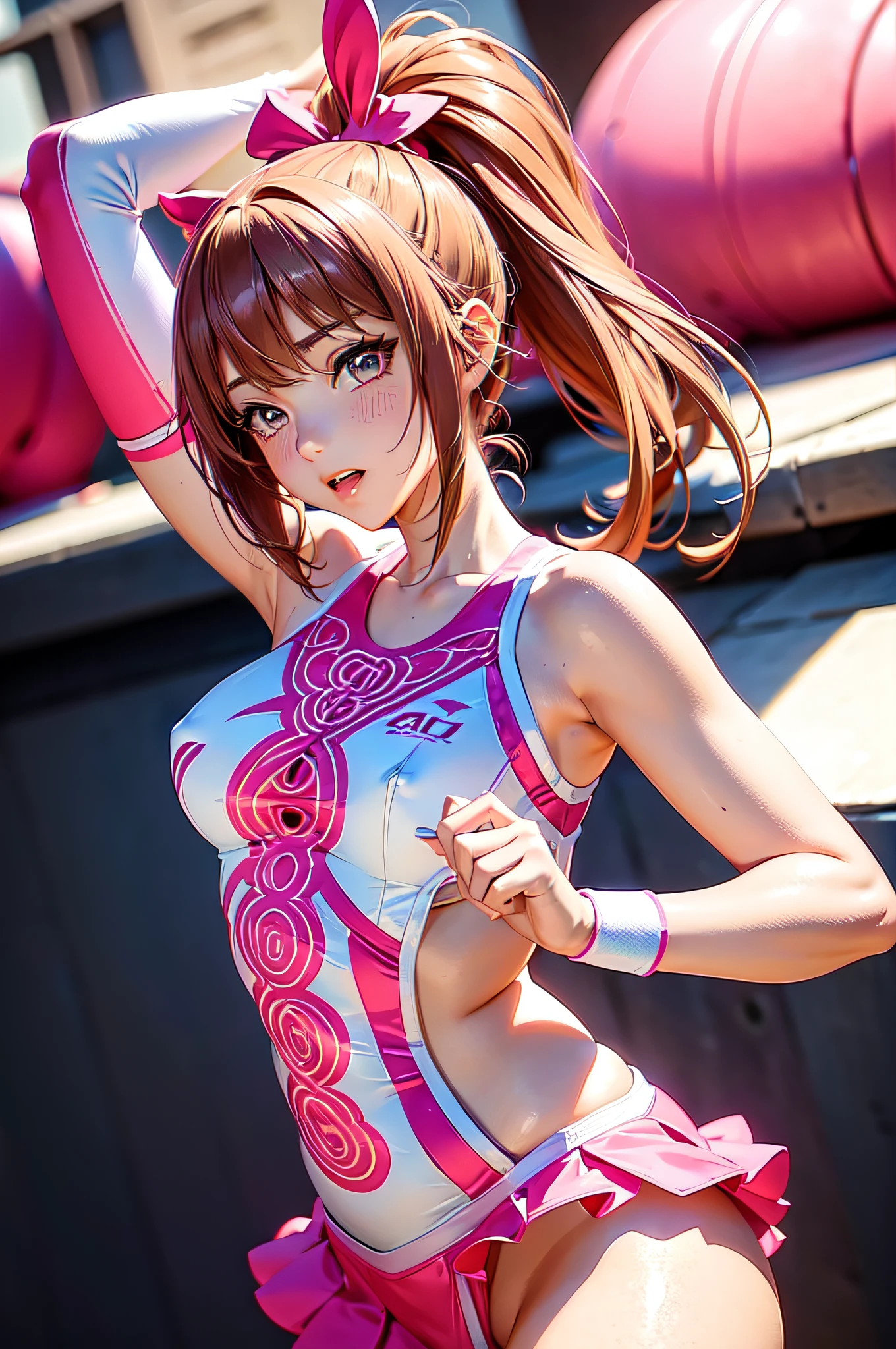 Anime girl in pink cheerleader costume posing, Anime CG soft art, Highly detailed Artgerm, Best 4K anime, Detailed digital anime art, Trending on ArtStation Pixiv, Anime Moe art style, Digital anime art, ArtStation Pixiv, (((intricate details, no underwear))),