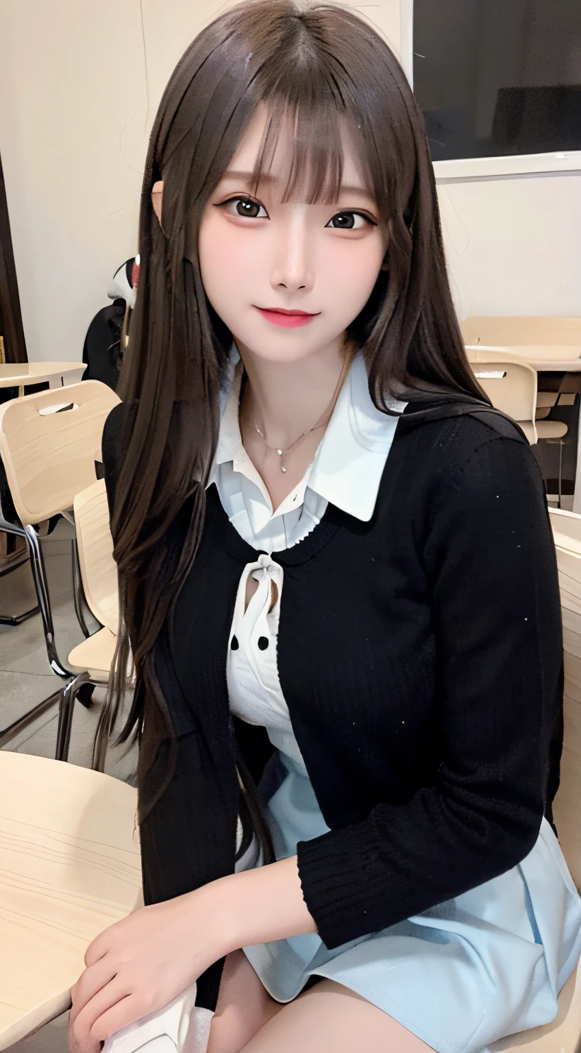 bright expression、photorealisim、top-quality、超A high resolution、a picture、Photos of the most beautiful Nordic girls、Detailed cute and beautiful face、a small face、(pureerosface_v1:0.008)、Beautiful bangs、alice in the wonderland、、(thighs thighs thighs thighs:1.2)、full body Esbian、Glowing white shiny skin、Hair tangled in the face、Bangs that extend to the face、bangss、Hair between the eyes、length hair、Silky hair of attractive black color、finer hair、Beautiful bright and clear light blue eyes with a charming sparkle、(winter school uniform:1.2)、(pleatedskirt:1.2)、eye liner、Sitting in a classroom、Double eyelids、ample breasts、Dynamic Pose