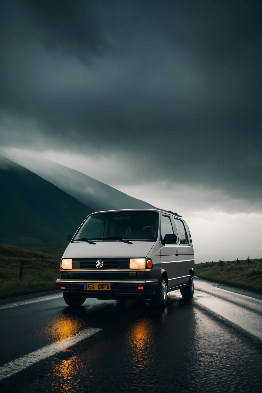 1993 volkswagen transporter, t4, eurovan, white van rocky road at night,raining, best quality, 4k, highres, ultra-detailed, realistic, twisting mountain road, rainy weather effect, wet road, dramatic lighting, reflections on the wet ground, misty atmosphere, gloomy mood, vibrant colors, headlights illuminating the road, dark clouds in the sky, moonlight shining through the clouds, creepy and mysterious ambiance, cinematic style, long exposure shot, blurred car lights, tranquil yet eerie atmosphere, suspenseful scene.