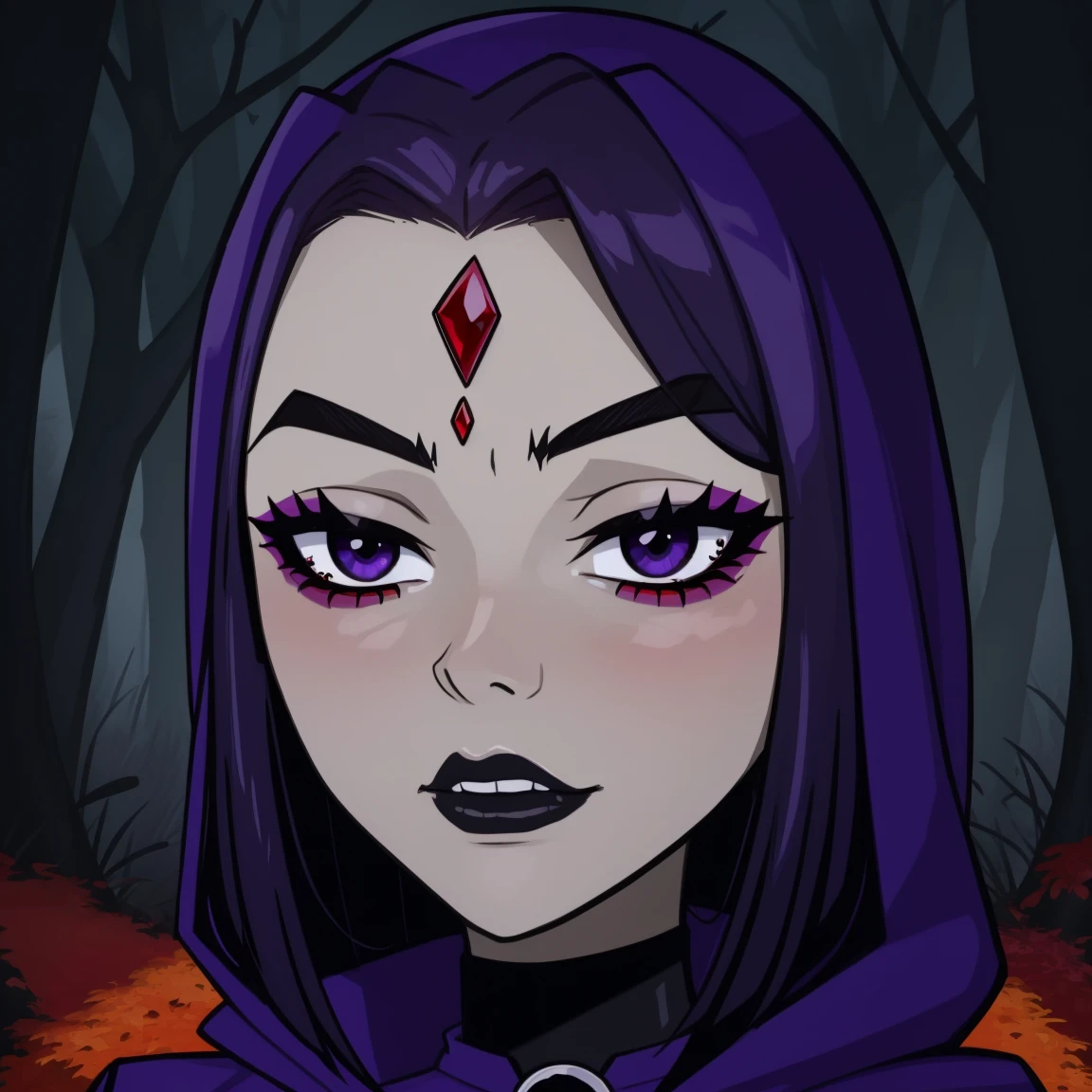 Raven, teen titans, hooded, goth girl, autumn forest background, detailed, detailed, detailed, beautiful, detail, goth girl, masterpiece, purple clothes, red jewel centre head, dark night background, gothic, goth, goth, detailed, goth girl, piercings, detailed face, looking viewer, raven, (Dark eye shadow) dark eye shadow, black eye shadow,