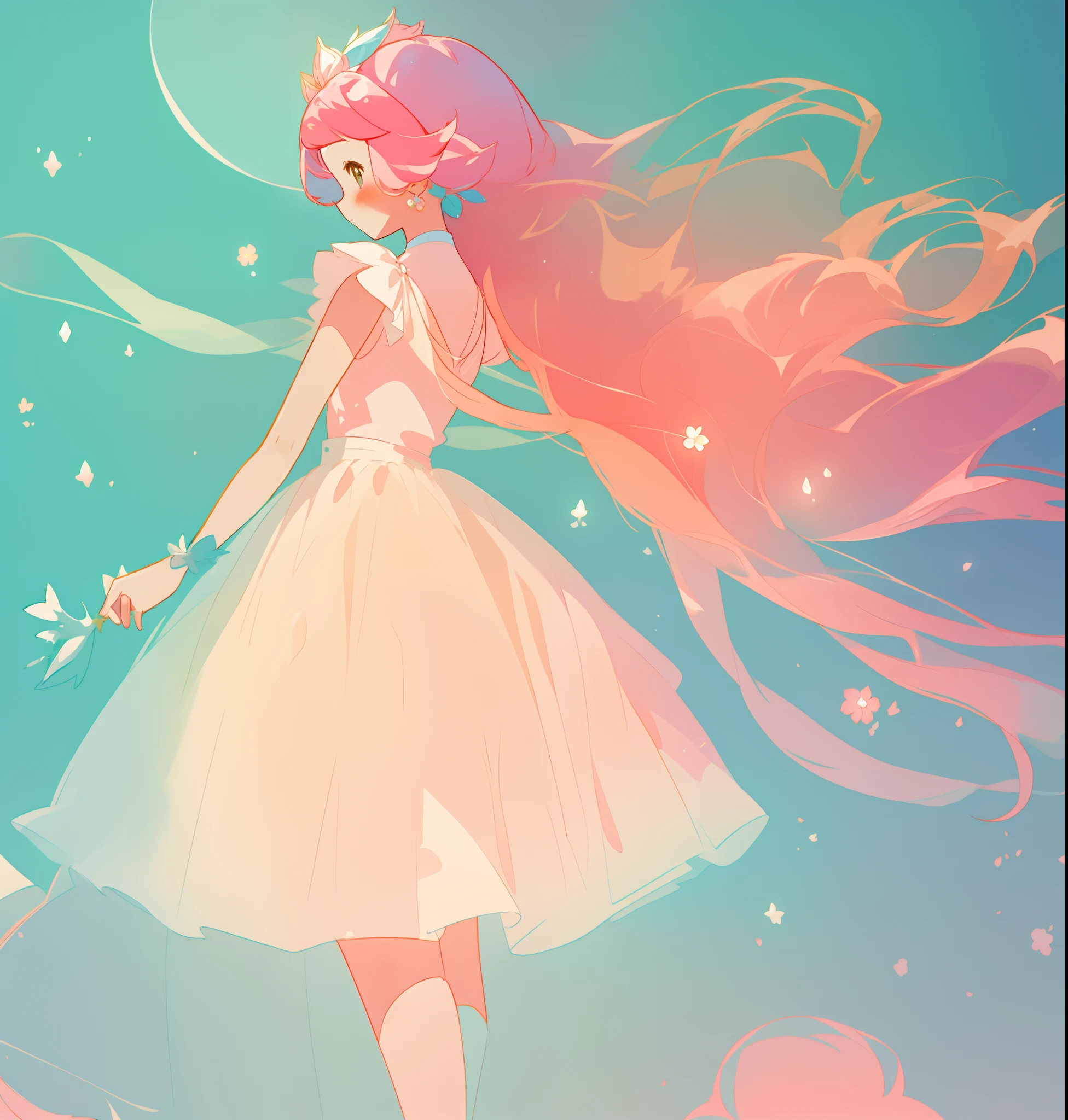 beautiful girl in white puffy tutu dress, long flowing pink peach hair, colorful fantasia background, watercolor illustration, disney art style, beautiful digital illustration, fantasia otherworldly landscape plants flowers, beautiful, masterpiece, best quality, anime disney style