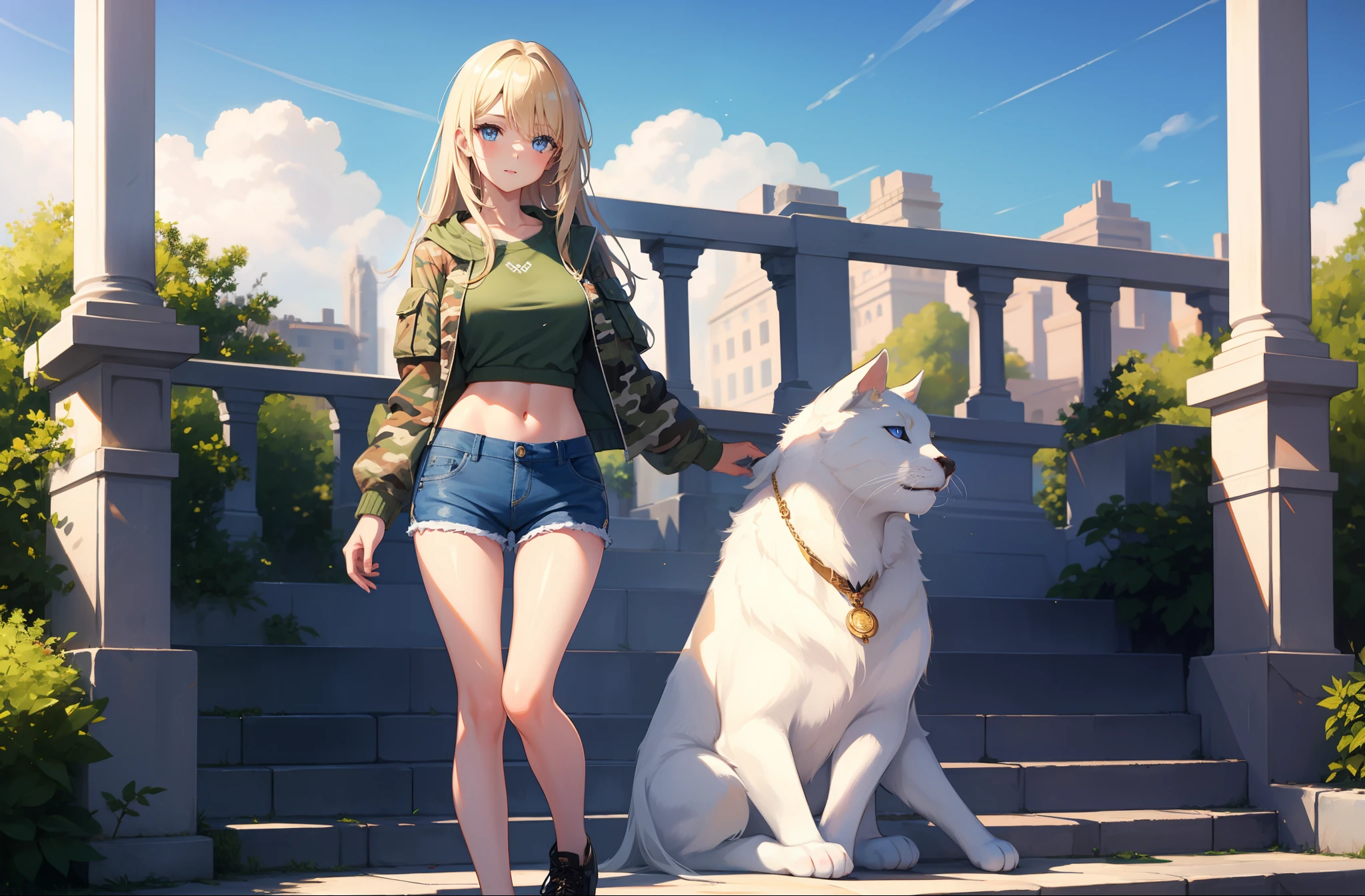 1 girl, mature girl, masterpiece, best quality, detailed eyes, sparkling eyes, beautiful hands, highly detailed hands, straight hands, shiny skin, shiny hair, blue eyes, light blonde hair, tall, long hair, straight hair, full body, best quality, shiny skin, shiny hair, sweaty, shorts, camouflage jacket, midriff, standing, blue sky,
