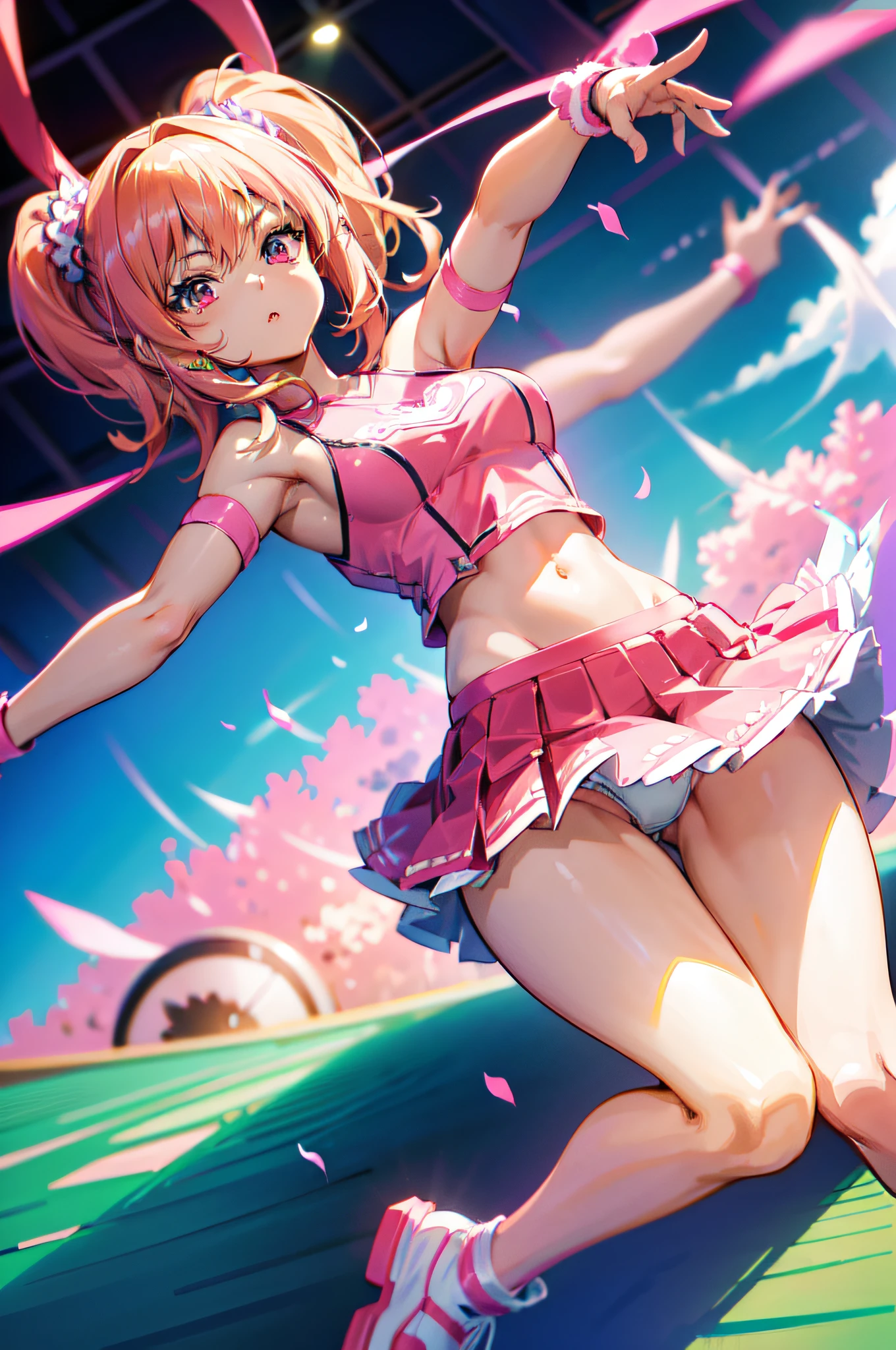 Anime girl in pink cheerleader costume posing, Anime CG soft art, Highly detailed Artgerm, Best 4K anime, Detailed digital anime art, Trending on ArtStation Pixiv, Anime Moe art style, Digital anime art, ArtStation Pixiv, (((intricate details, no underwear))),