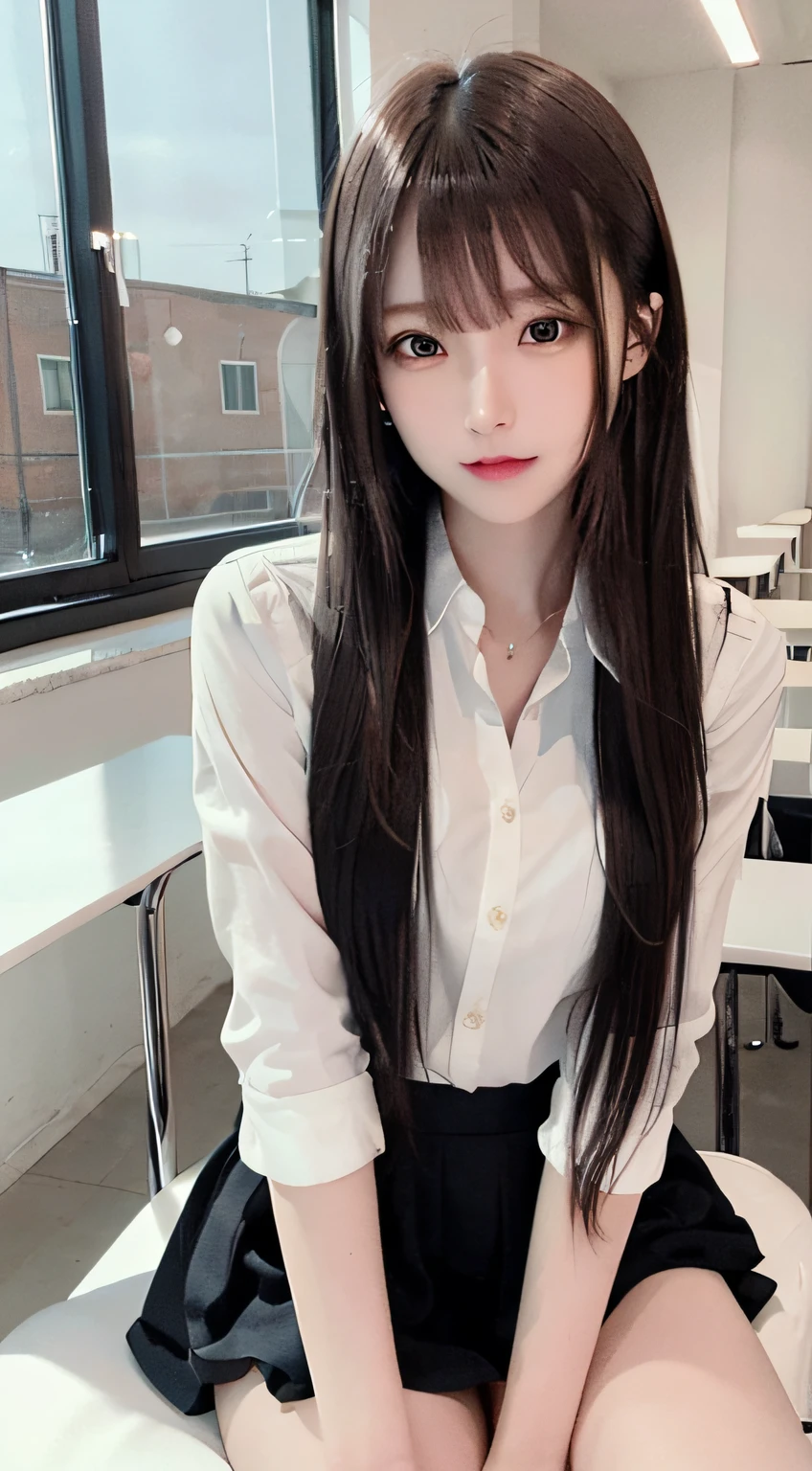 bright expression、photorealisim、top-quality、超A high resolution、a picture、Photos of the most beautiful Nordic girls、Detailed cute and beautiful face、a small face、(pureerosface_v1:0.008)、Beautiful bangs、alice in the wonderland、、(thighs thighs thighs thighs:1.2)、full body Esbian、Glowing white shiny skin、Hair tangled in the face、Bangs that extend to the face、bangss、Hair between the eyes、length hair、Silky hair of attractive black color、finer hair、Beautiful bright and clear light blue eyes with a charming sparkle、(winter school uniform:1.2)、(pleatedskirt:1.2)、eye liner、Sitting in a classroom、Double eyelids、ample breasts、Dynamic Pose