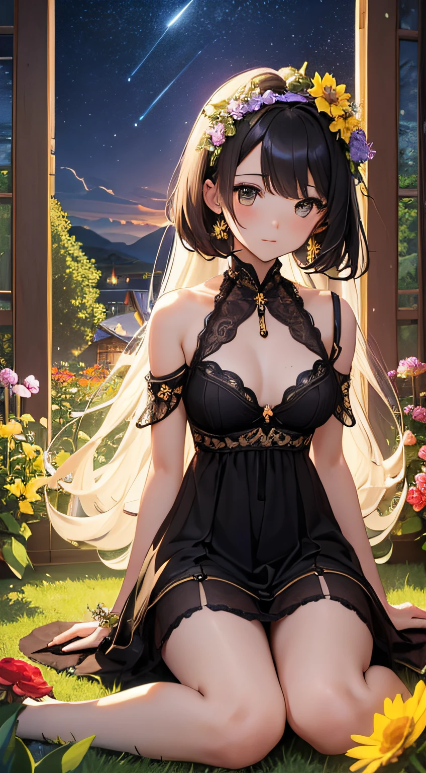 ​masterpiece、Background with（（kosmos、meteors、black hole、Fantastic flower garden with luminescent flowers））、About 20 years old、a beauty girl、爆乳、Great embroidery on a yellow mini dress with slits、No Shoulder、Exposing the chest、hair adornments、heavy wind、white panty、Sit-in