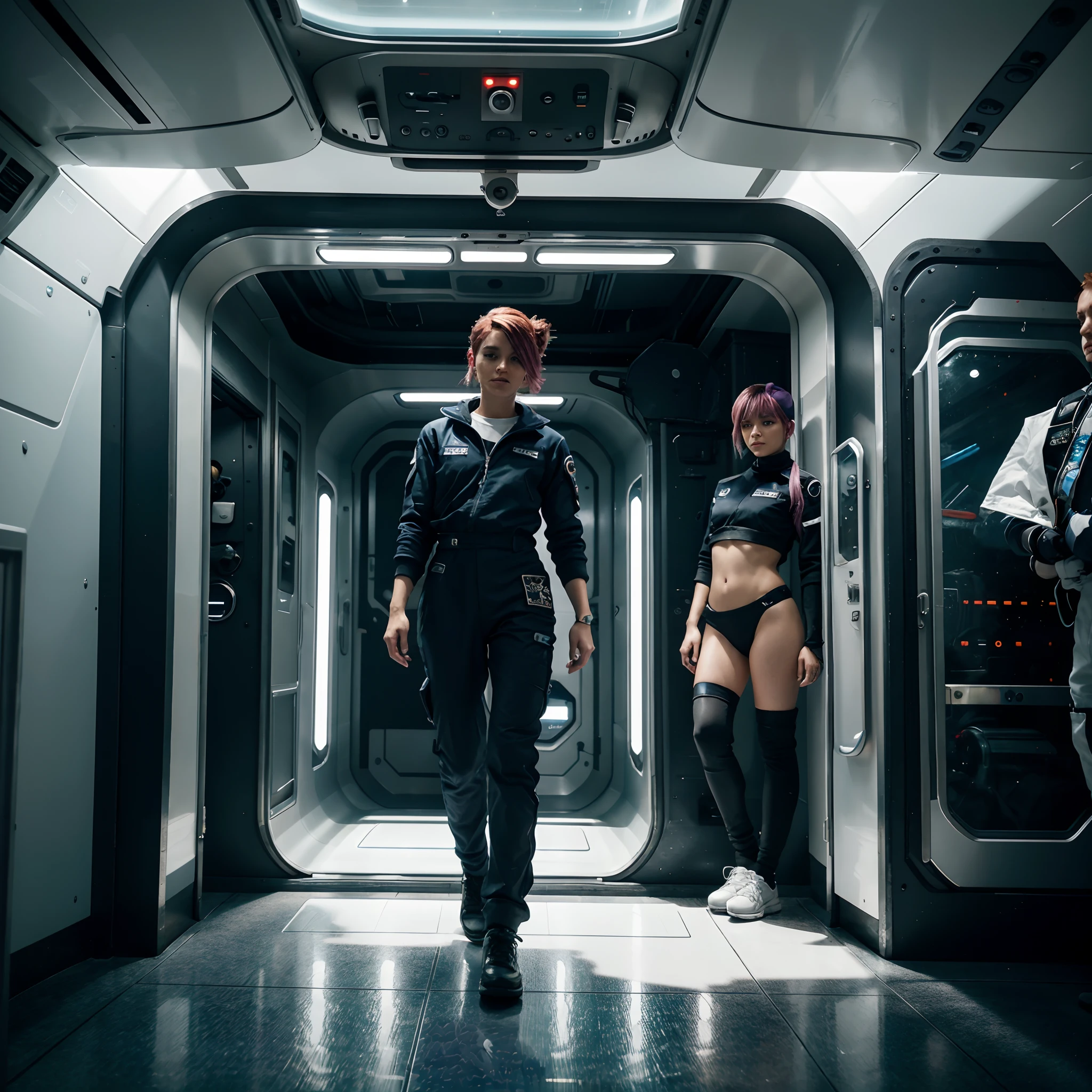 Space station crew members, futuristic scifi interior, clean sterile interior, crew members in foreground: 1.4, scene apparel:1.6, scene style crew uniform: 0.8, scene hairstyle: 1.2, scene makeup: 1.4, scene clothing, bright color hair tips,