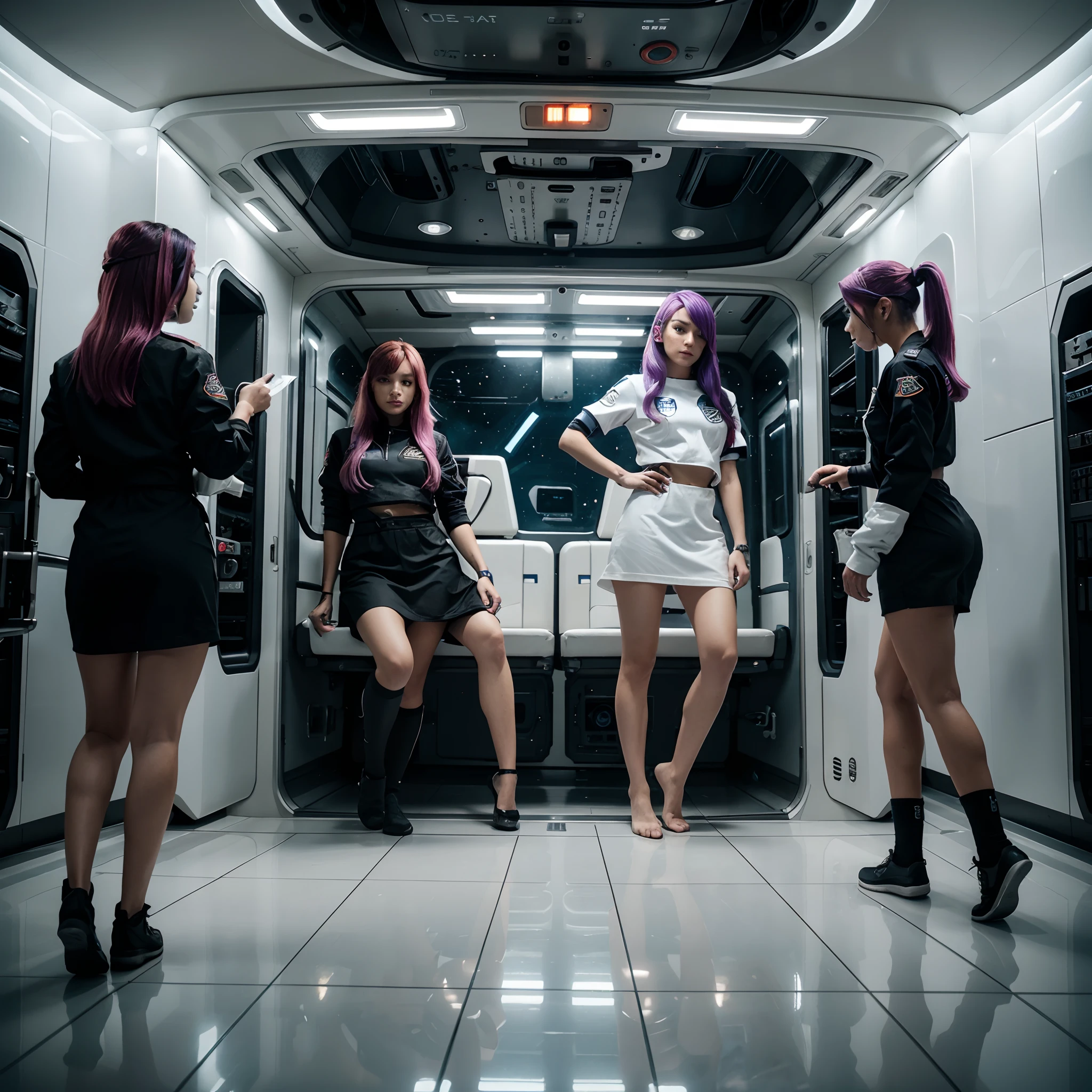 Space station crew members, futuristic scifi interior, clean sterile interior, crew members in foreground: 1.4, scene apparel:1.6, scene style crew uniform: 0.8, scene hairstyle: 1.2, scene makeup: 1.4, scene clothing, bright color hair tips,