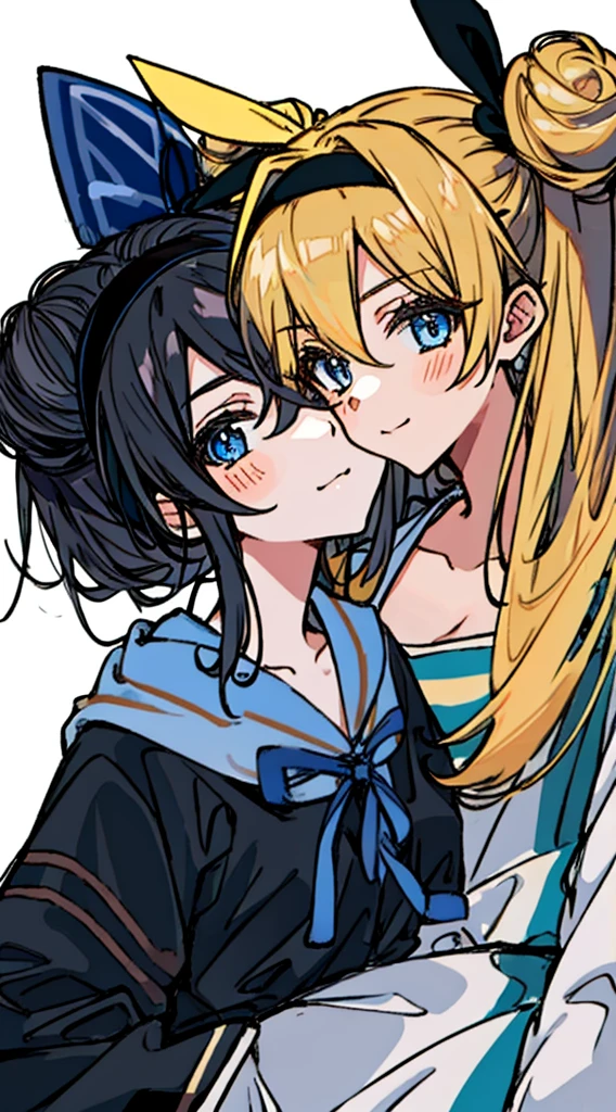 2girls, =3, black hairband, blonde hair, blue eyes, blush stickers, closed mouth, collarbone, color connection, company connection, crossover, double-parted bangs, double bun, emphasis lines, eyelashes, eyes visible through hair, hair between eyes, hair bun, hair color connection, hair intakes, hairband, half updo, head only, imouto connection, imouto day, long hair, look-alike, looking at viewer, multiple girls, ponytail, simple background, smile, smug, trait connection, two side up, v-shaped eyebrows, white background, dynamism