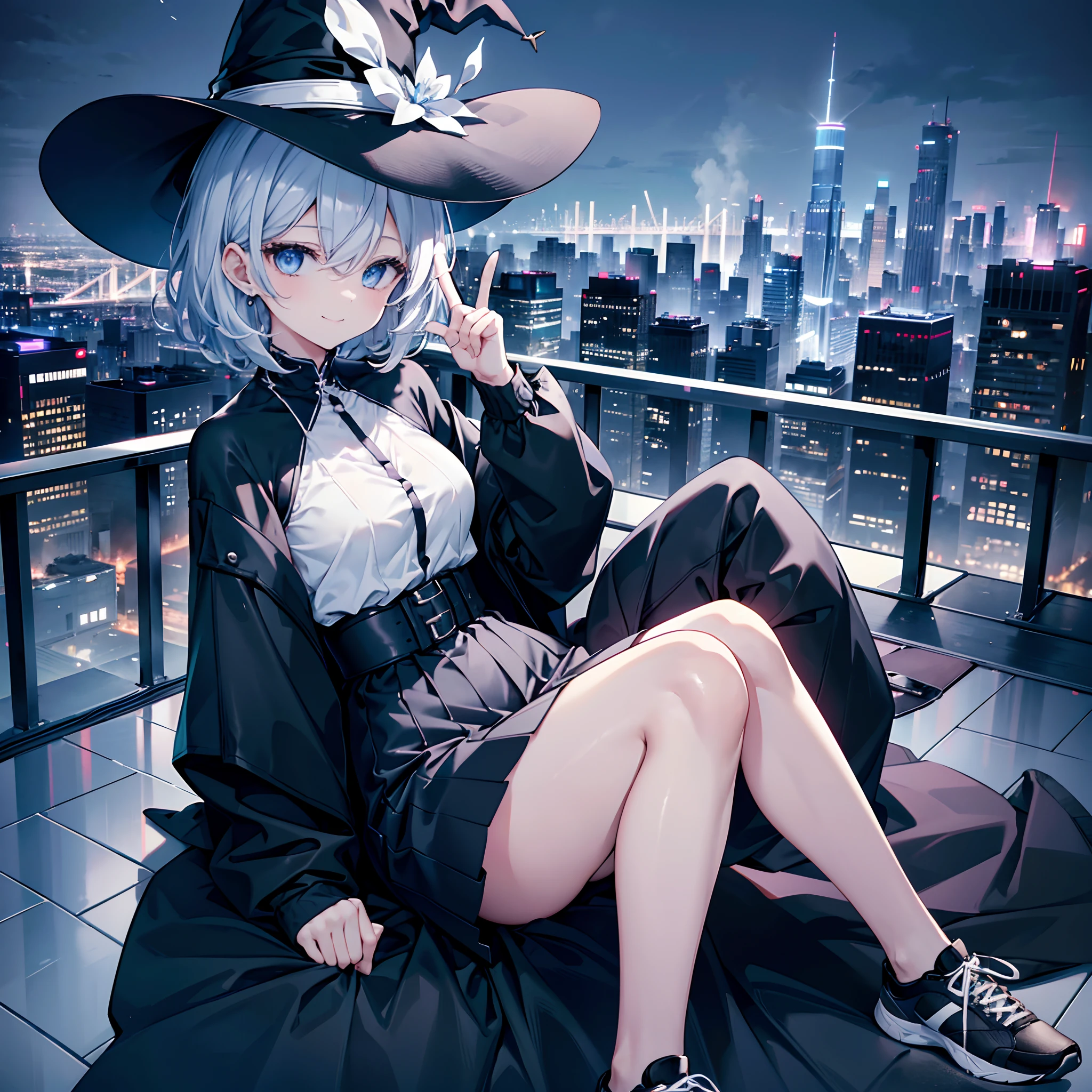 This is the rooftop of a skyscraper in the middle of the night、You can see the Metropolitan Expressway and buildings in the background、Photograph her from an angle of 45 degrees above、One 27-year-old woman with small breasts、She wears a large black witch hat with sapphire accessories、White medium shorthair with blue-purple mesh、Looking at me with a smile、Blue eyes with highlights、Black long coat、White camisole、White T-shirt、Black Midi Skirt、Black sneakers with white shoelaces、small tits、discreet breasts、He is happily making a peace sign、hiquality、High Details、high-level image quality、4K picture quality、beatiful backgrounds
