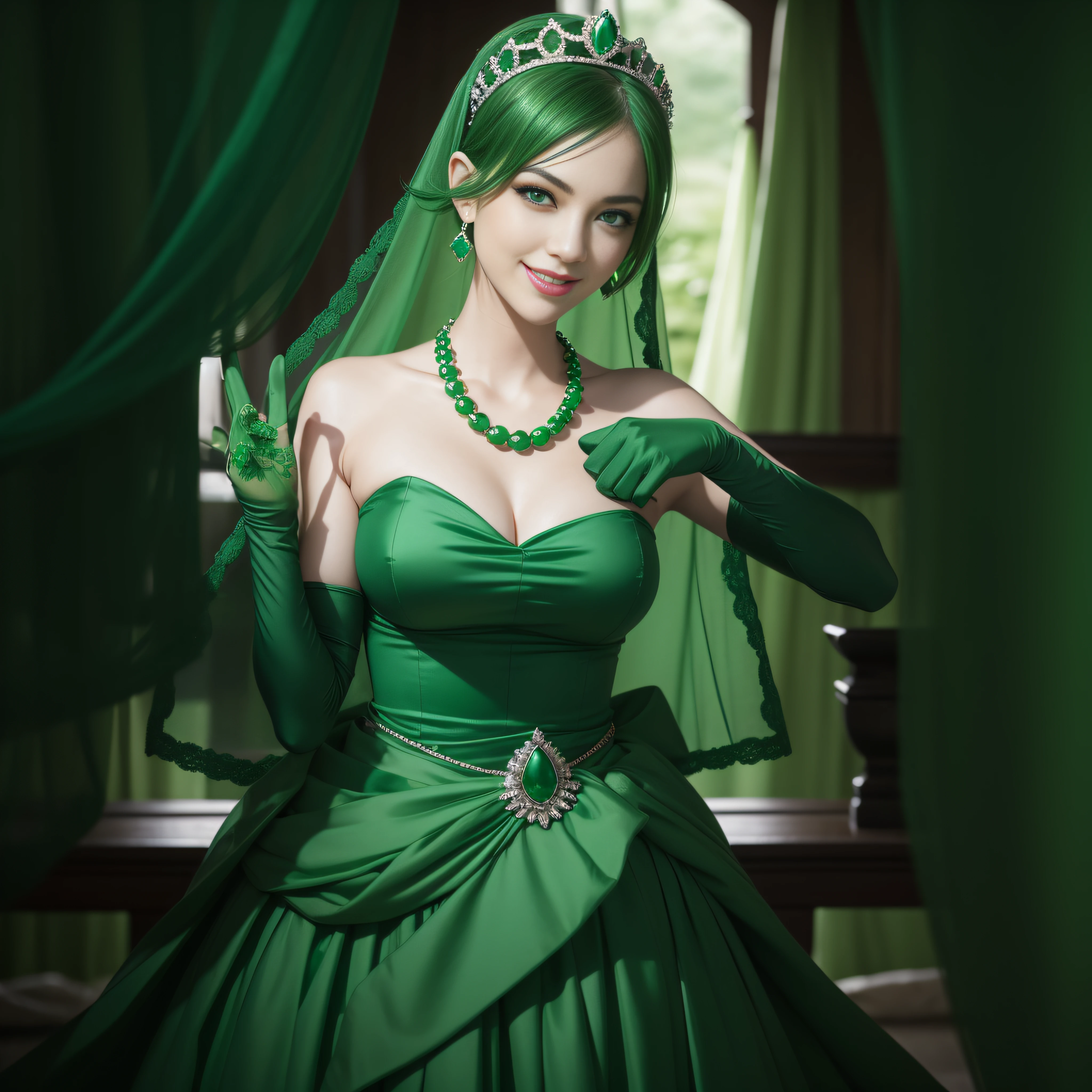 emerald tiara, Green Pearl Necklace, Boyish very short green hair, lipsticks, Japan woman smiling, very short short hair, big breasts beautiful, Green eyes, Long green gloves made of satin material, Green eyes, Emerald Earrings, green vale, piece sign