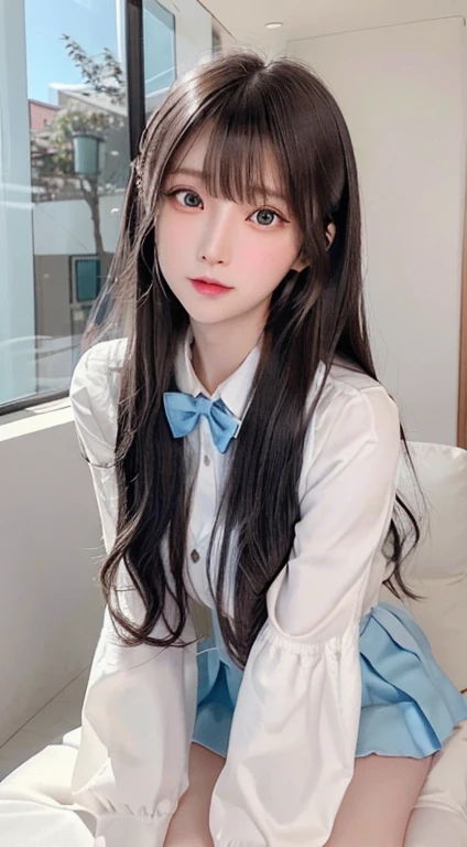 chunmomo, (masterpiece, best quality:1.2), soft light, 1girl, solo, delicate face, Detailed skin, long black hair, ,school uniform,in bathroom