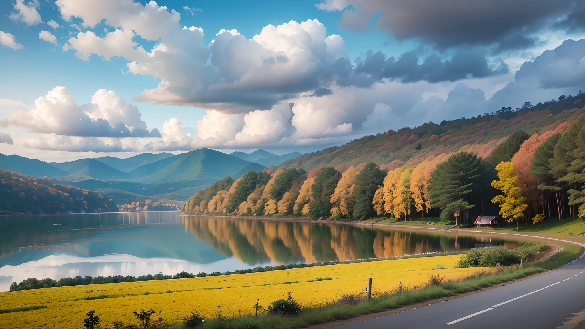 Create a perfect picture of a serene and relaxing autumn day in a beautiful landscape. The image shows a winding road across Xuan Huong Lake in Da Lat, Vietnam. The road is empty, with the lake on the right reflecting golden sunlight and white clouds. On the left side of the road, there are rows of pine trees. In the distance, you can see a small hill with a few houses and trees. Use a digital camera with appropriate settings: an aperture of f/11 for clarity and detail in the scene, a shutter speed of 1/60 second to capture light and create a smooth effect on the water, and ISO 100 for sharp and low-noise images. Describe the lake's water reflecting the blue sky and white clouds, the grass and trees transitioning in color in the crisp autumn air, with the foreground showcasing leaves turning to shades of yellow, signifying the onset of autumn. Additionally, include a background featuring a hill with traditional houses and lush greenery, creating a beautiful image of Da Lat's nature in the autumn. --auto --s2