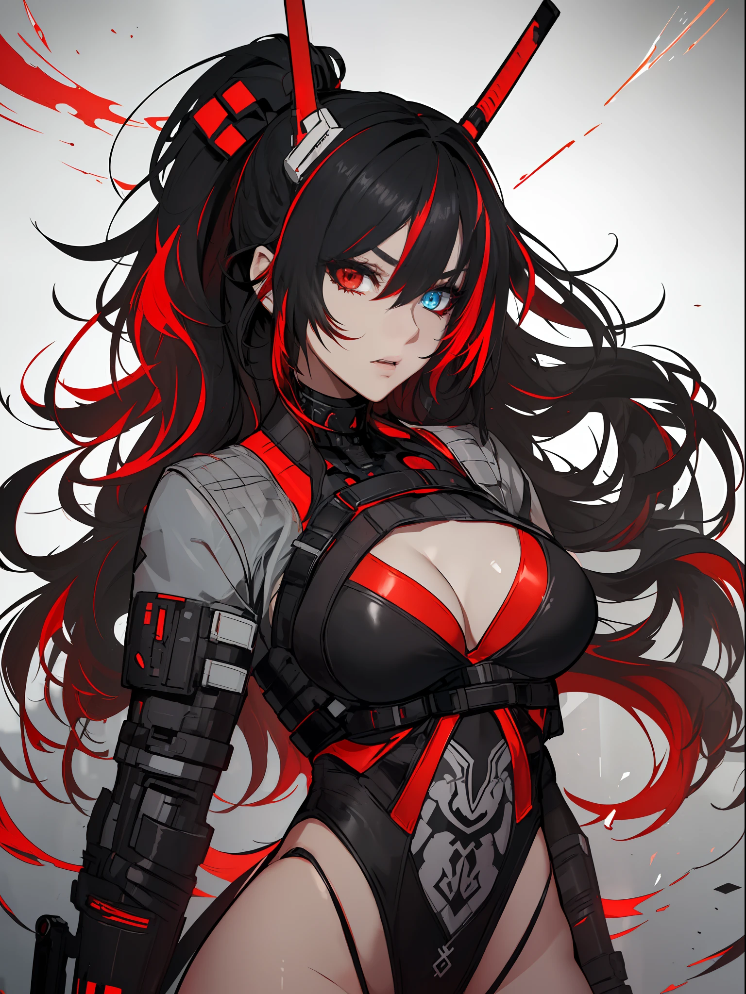 (best quality:1.2, masterpiece, anime) (solo) ((black hair:1.8), (hair with red highlights:1.7), (very long hair, single ponytail)), ((heterochromia_eyes_red_and_grey:1.4)), thick thighs, huge breasts, muscular, athletic, (cyborg:1.5), (robot arms:1.4), (robot legs:1.4), ((highcut leotard:1.8), one-piece, red_black_outift:1.3,) cleavage)), (jacket:1.3), (headgear, horn-like devices), toned body, 1 woman, (age 26), ((holding sword:1.6, katana, glowing)), beautiful, sexy, first rate body, (Lucia_Crimson_Weave:1.4), Lucia